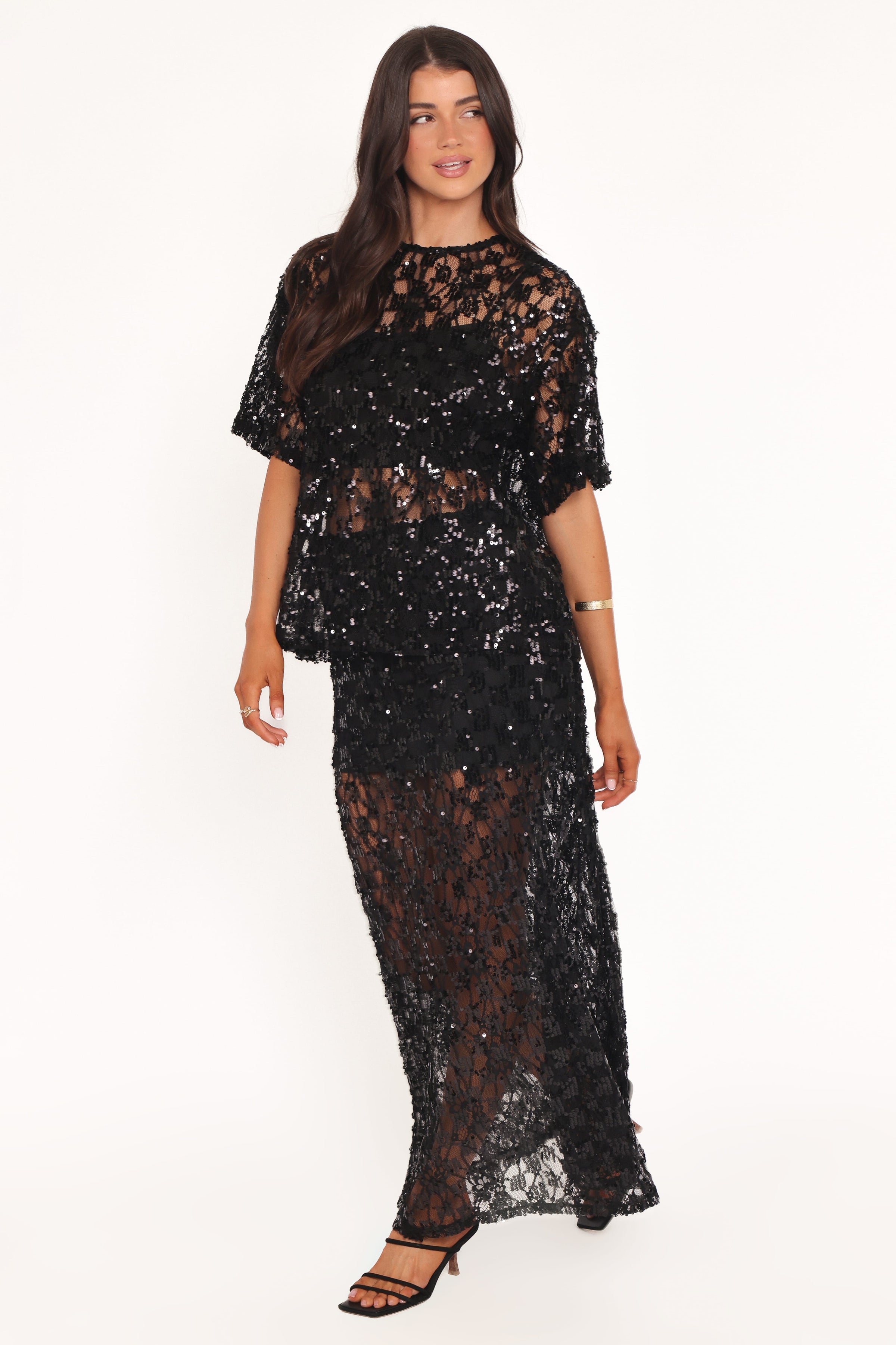 BOTTOMS Yonder Sheer Panel Lace Maxi Skirt - Black