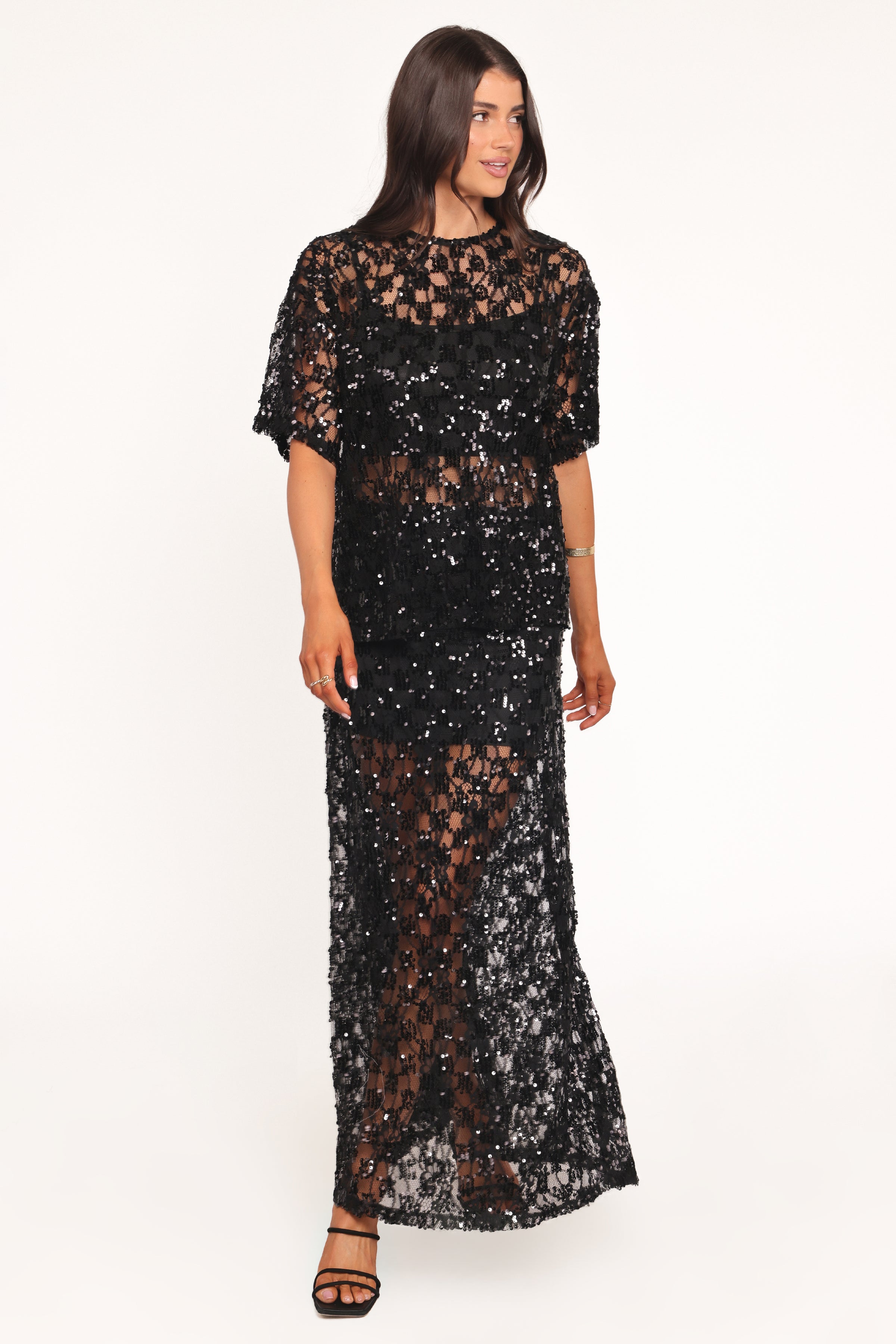 BOTTOMS Yonder Sheer Panel Lace Maxi Skirt - Black