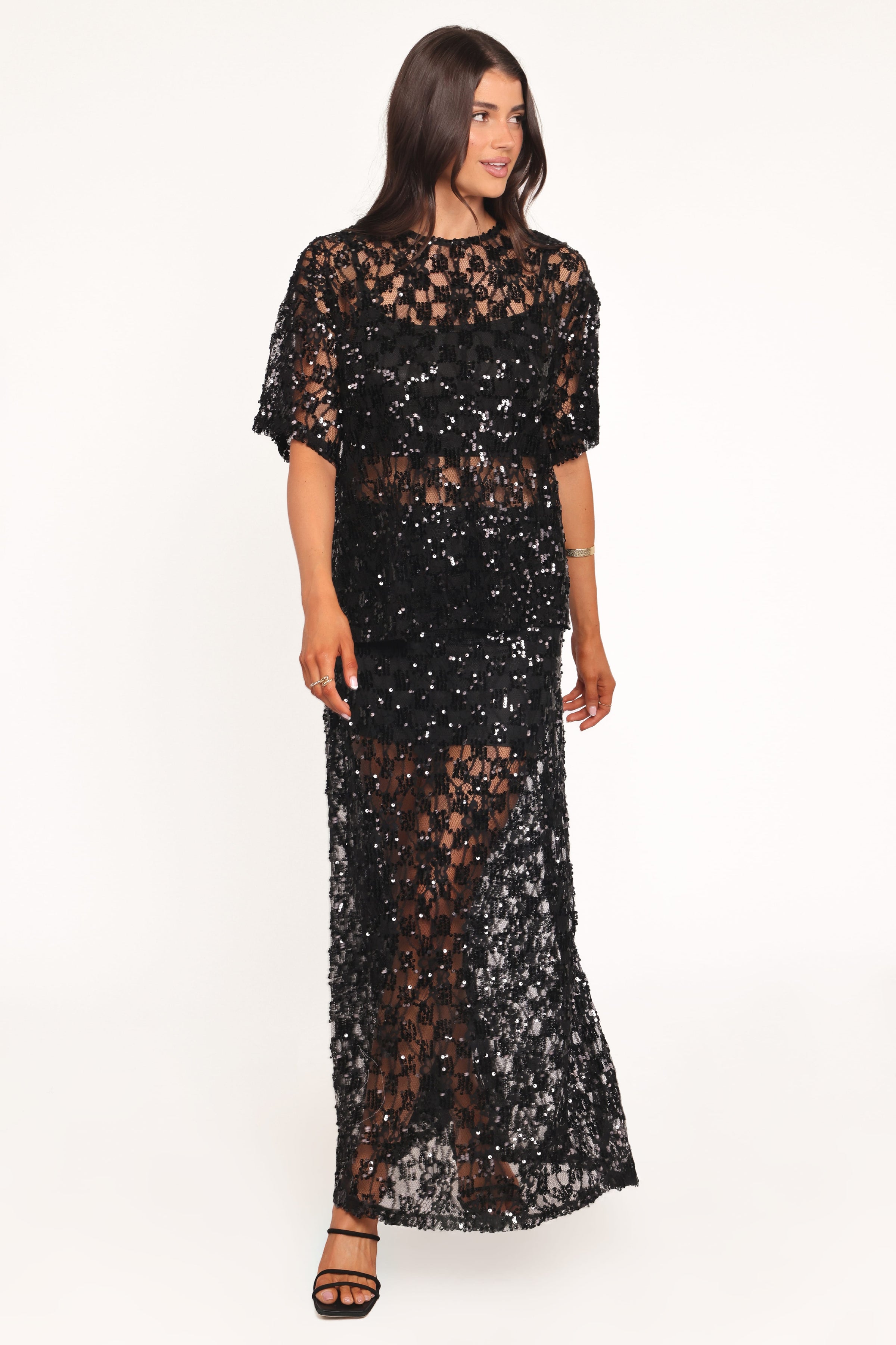 BOTTOMS Yonder Sheer Panel Lace Maxi Skirt - Black