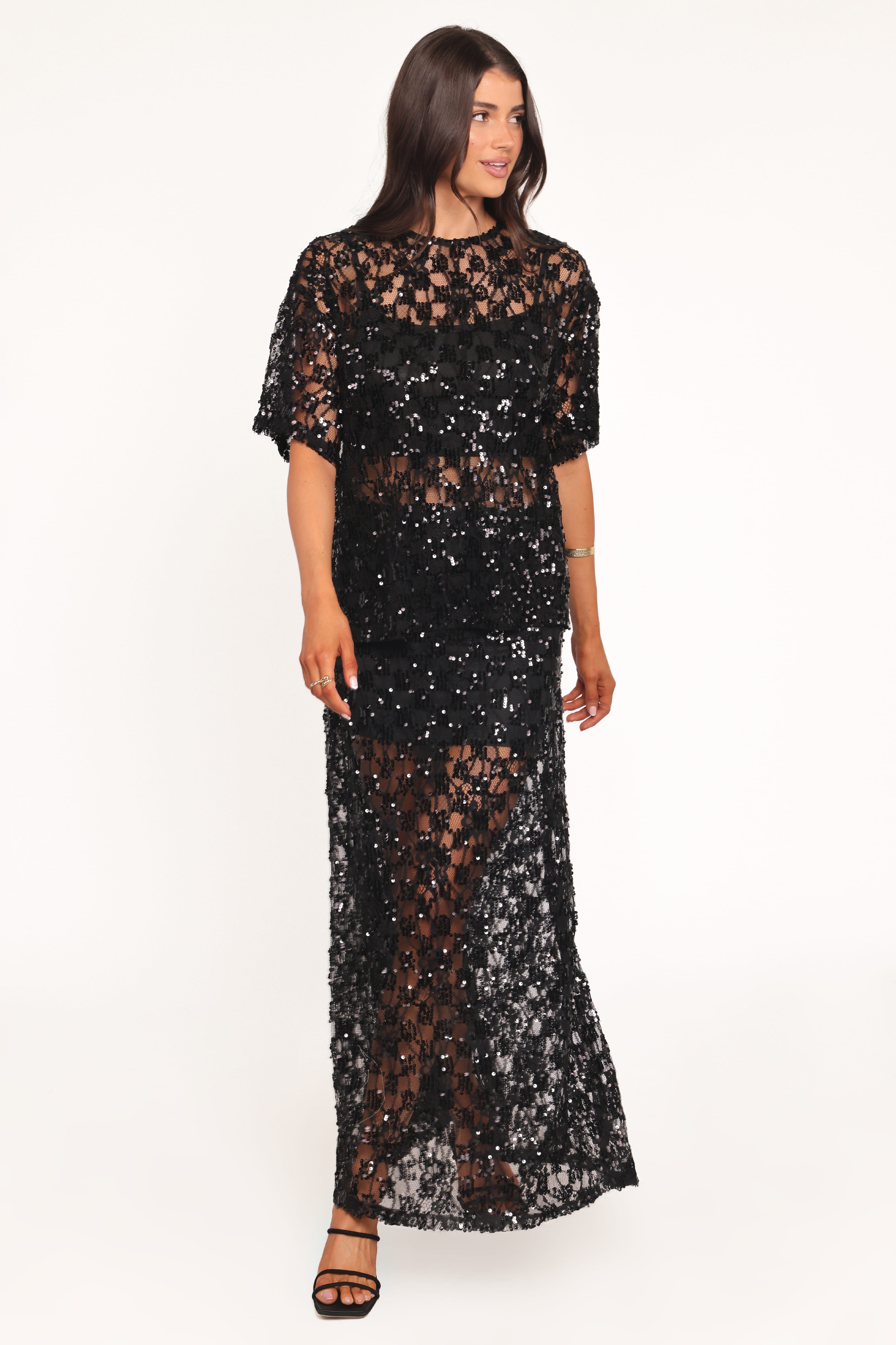 BOTTOMS Yonder Sheer Panel Lace Maxi Skirt - Black