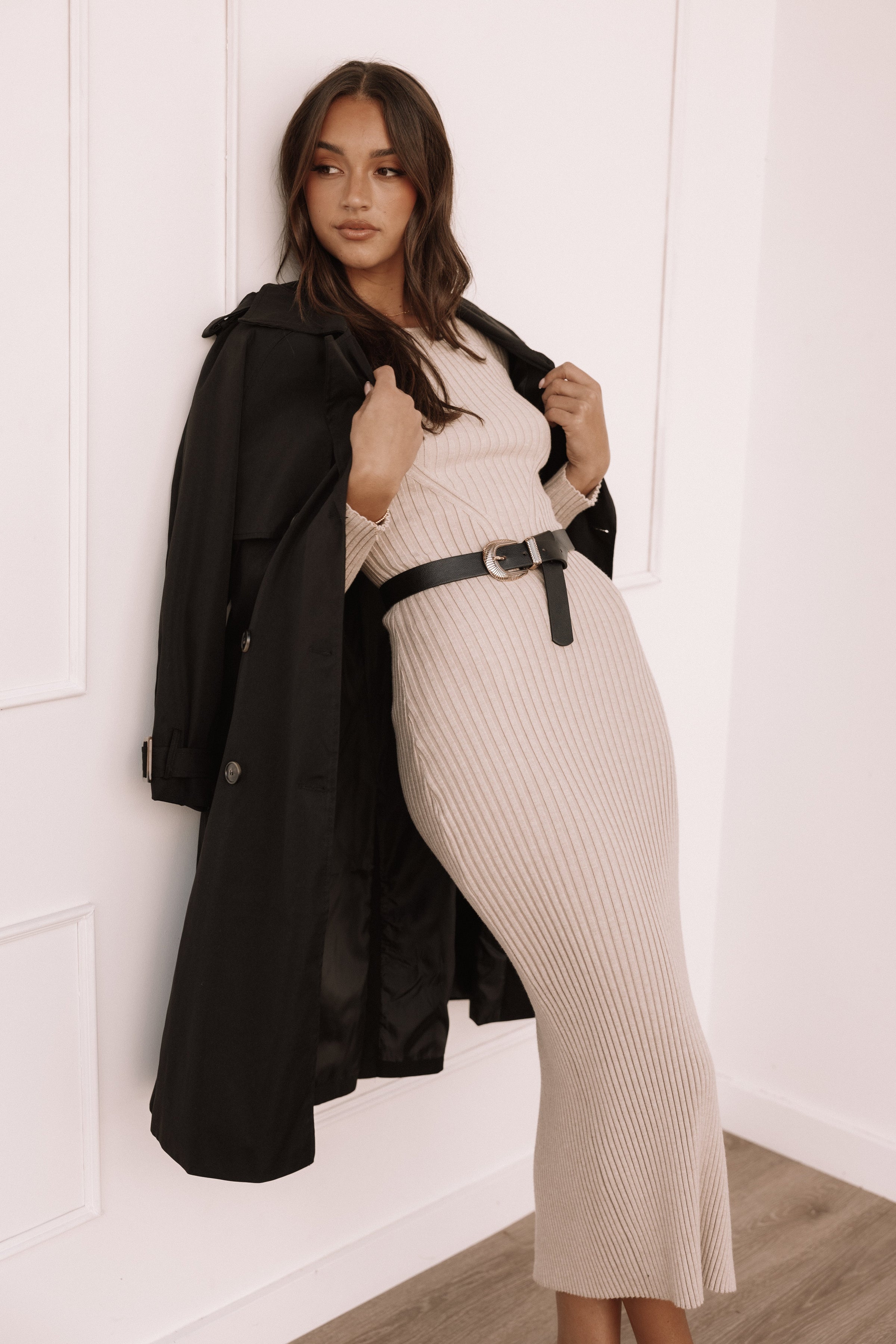 DRESSES @Ainsley Long Sleeve Midi Dress - Nude (Hold for Winter Essentials)