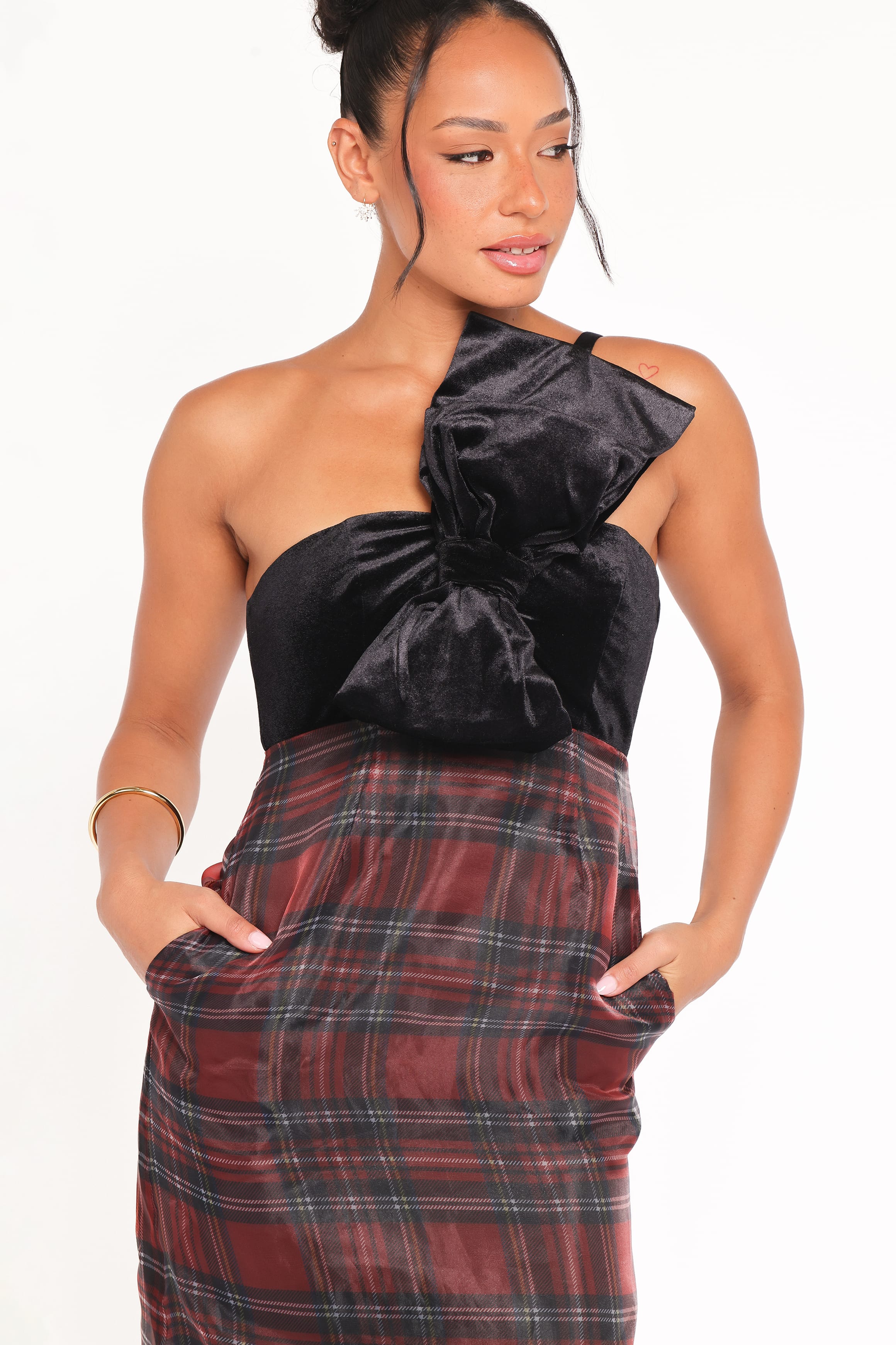 DRESSES Amelie Bow Front One Shoulder Midi Dress - Red Plaid