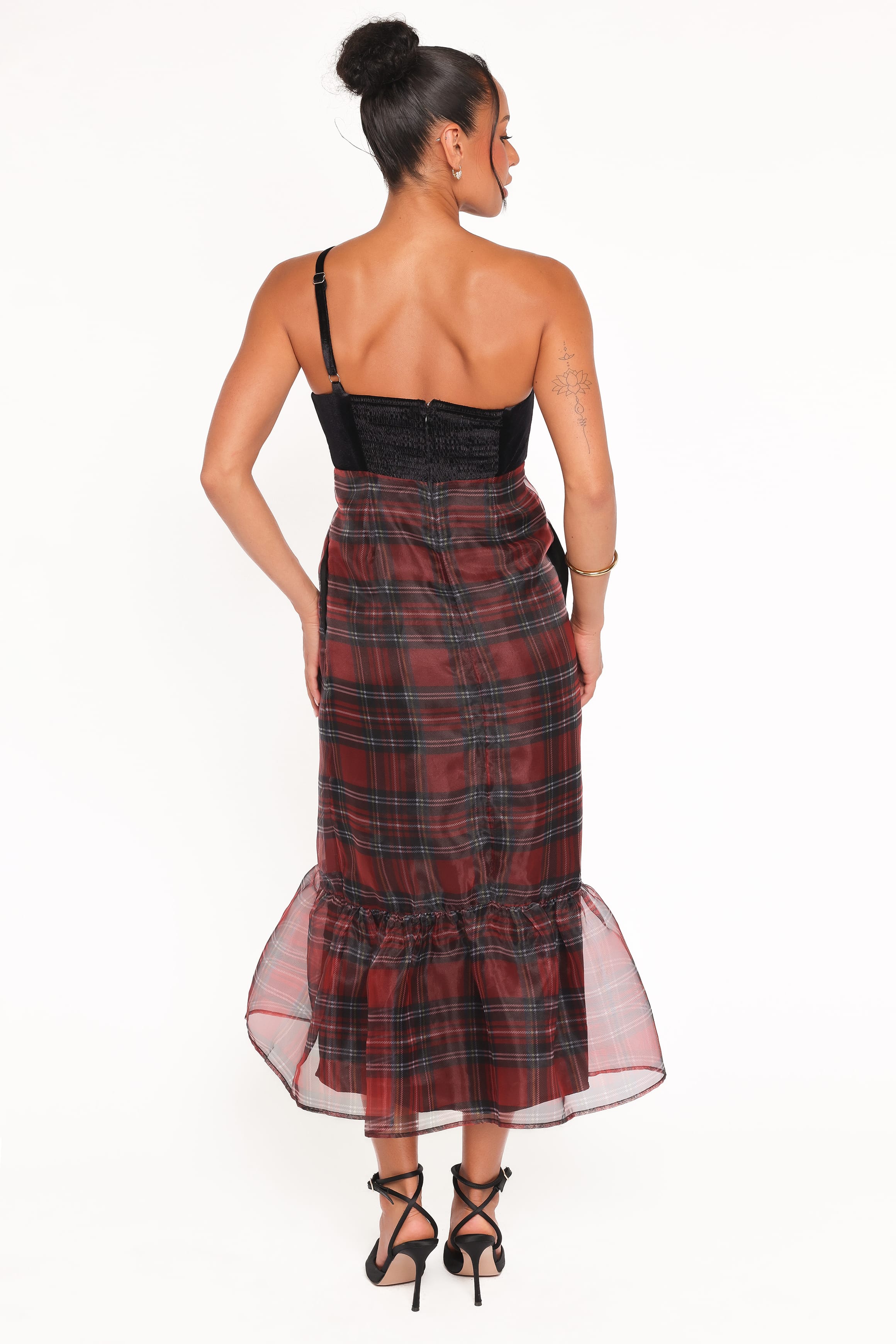 DRESSES Amelie Bow Front One Shoulder Midi Dress - Red Plaid