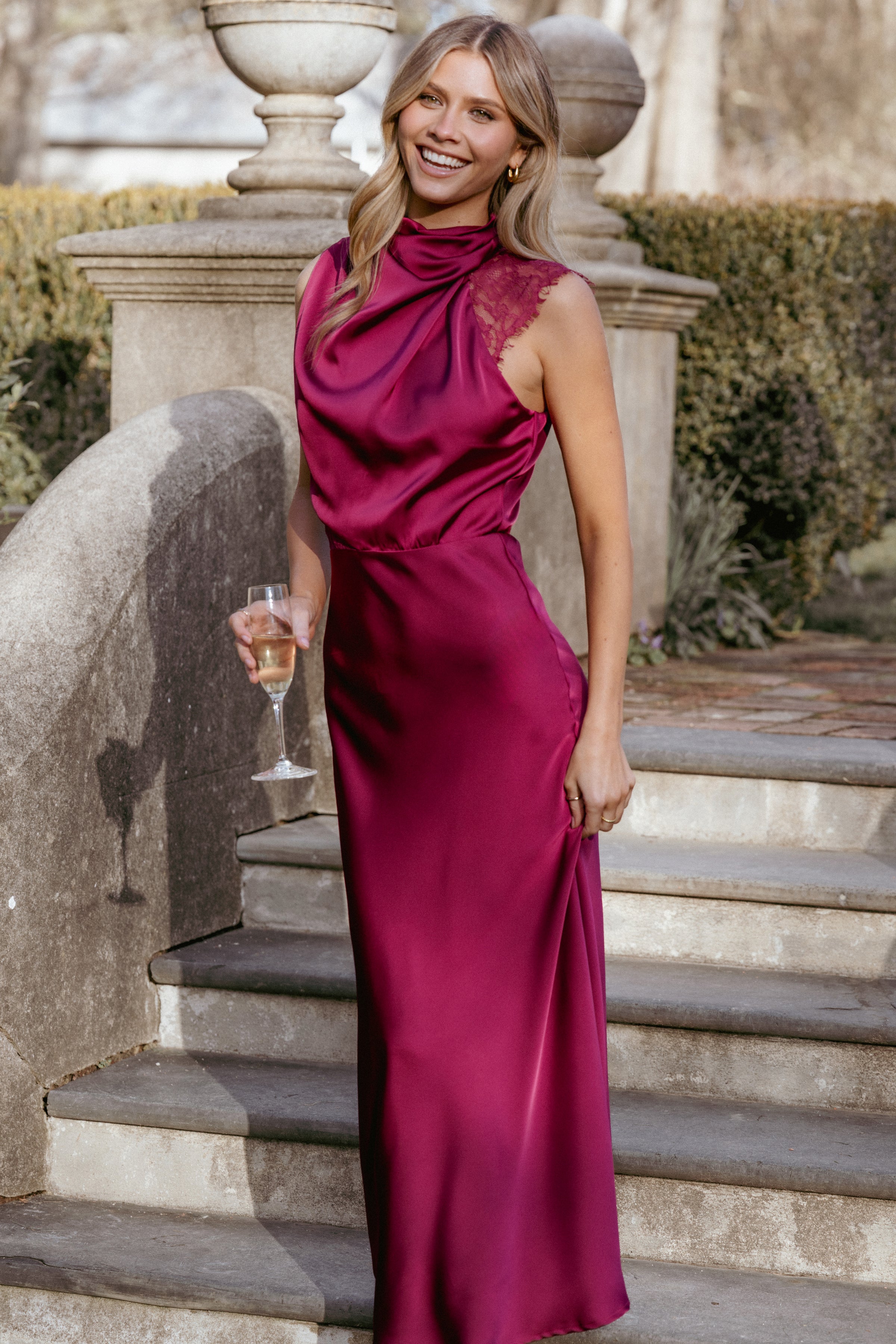 DRESSES Anabelle Halter Neck Lace Maxi Dress - Berry