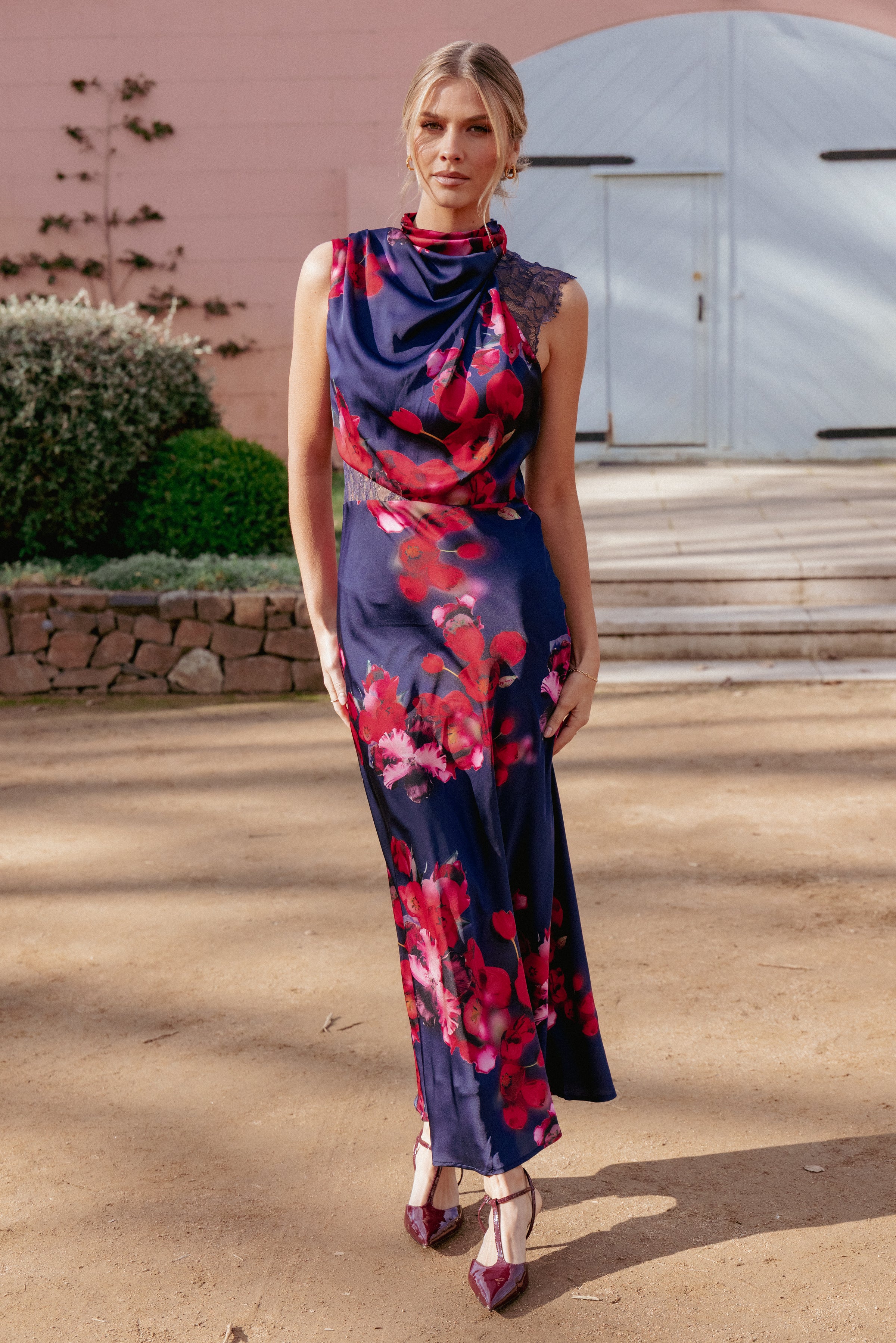 DRESSES Anabelle Halter Neck Lace Maxi Dress - Navy Floral