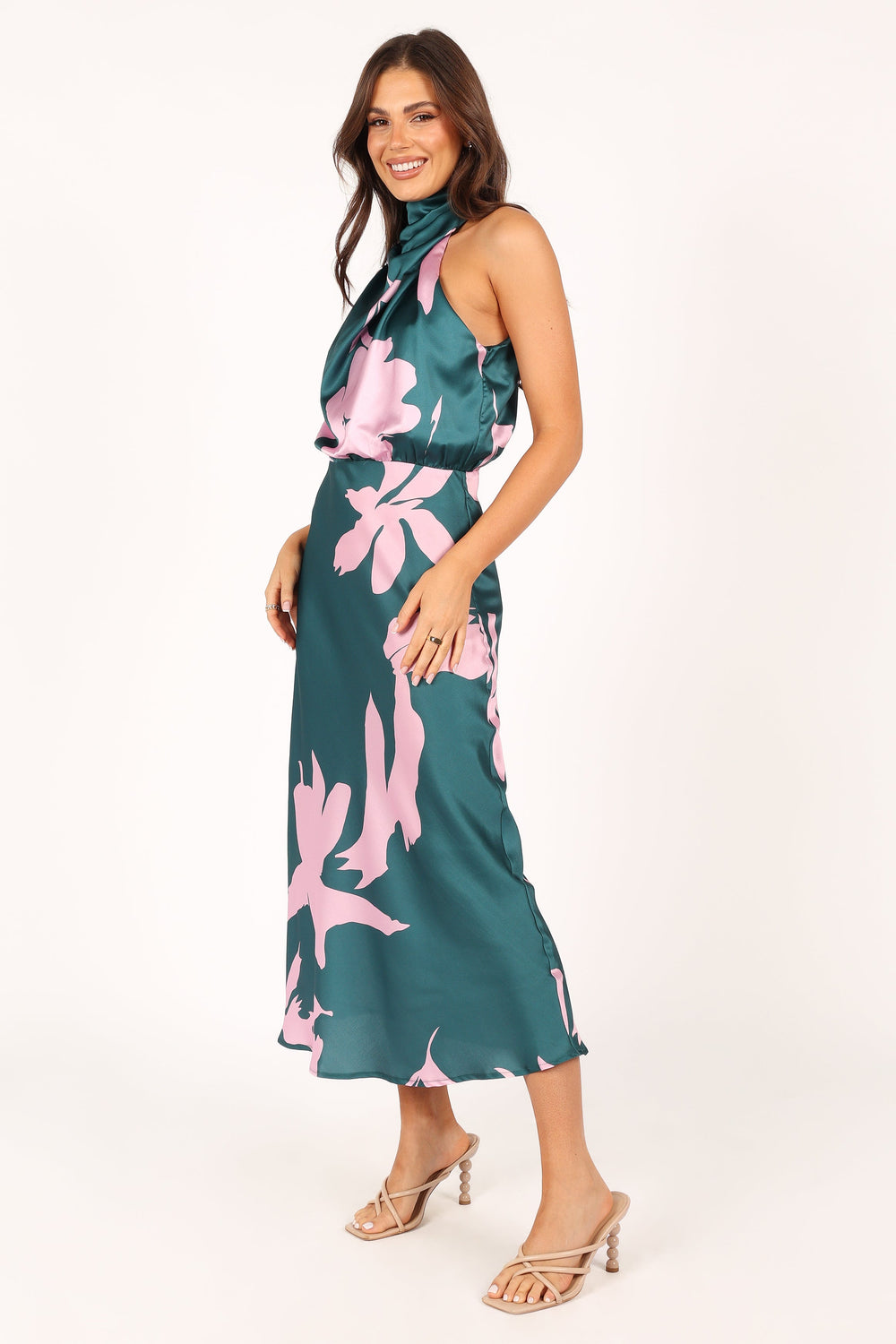 Shop Formal Dress - Anabelle Halter Neck Midi Dress - Green Pink fifth image
