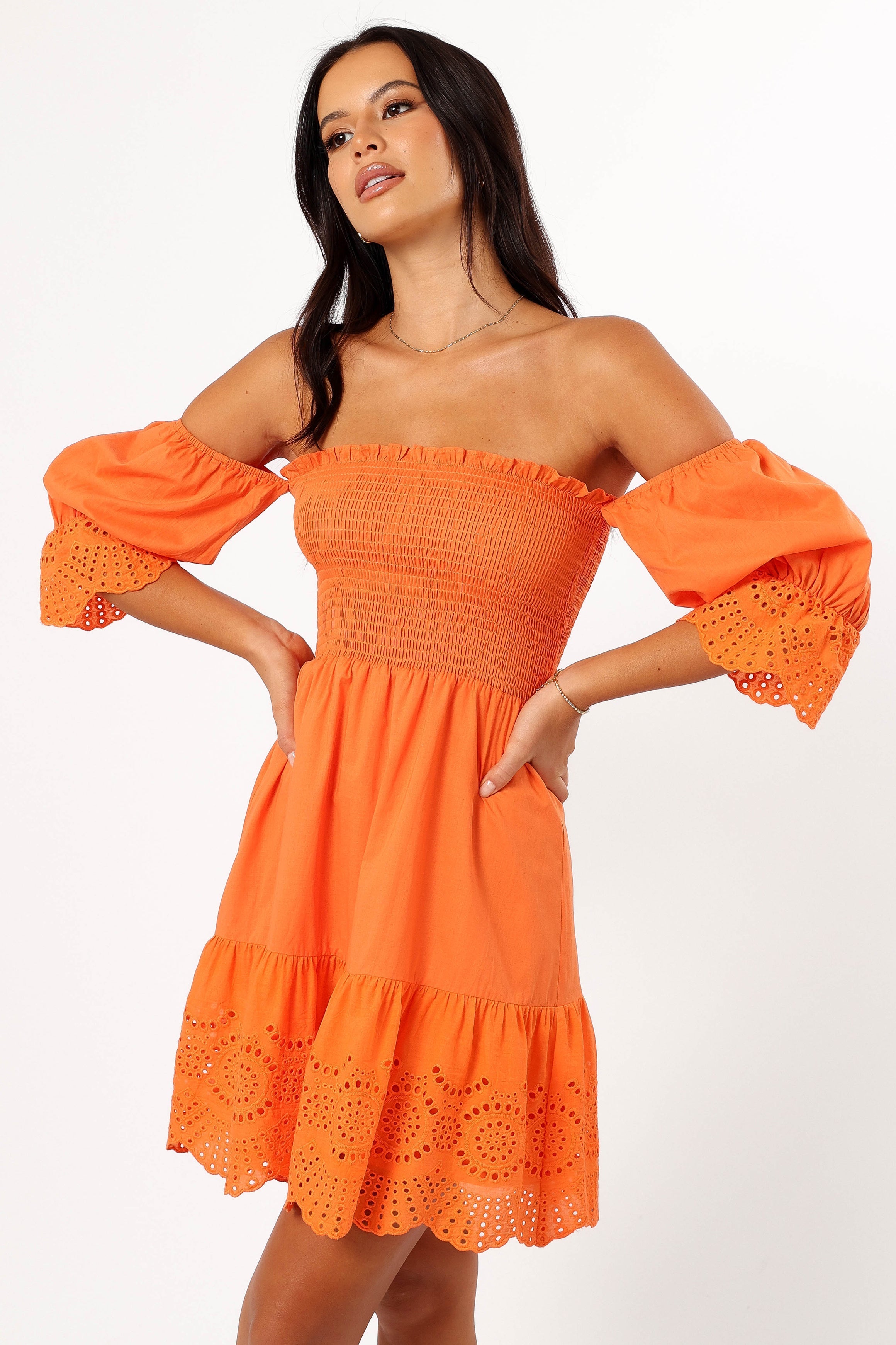DRESSES @Aniston Off Shoulder Mini Dress - Orange (Hold for Euro Summer)