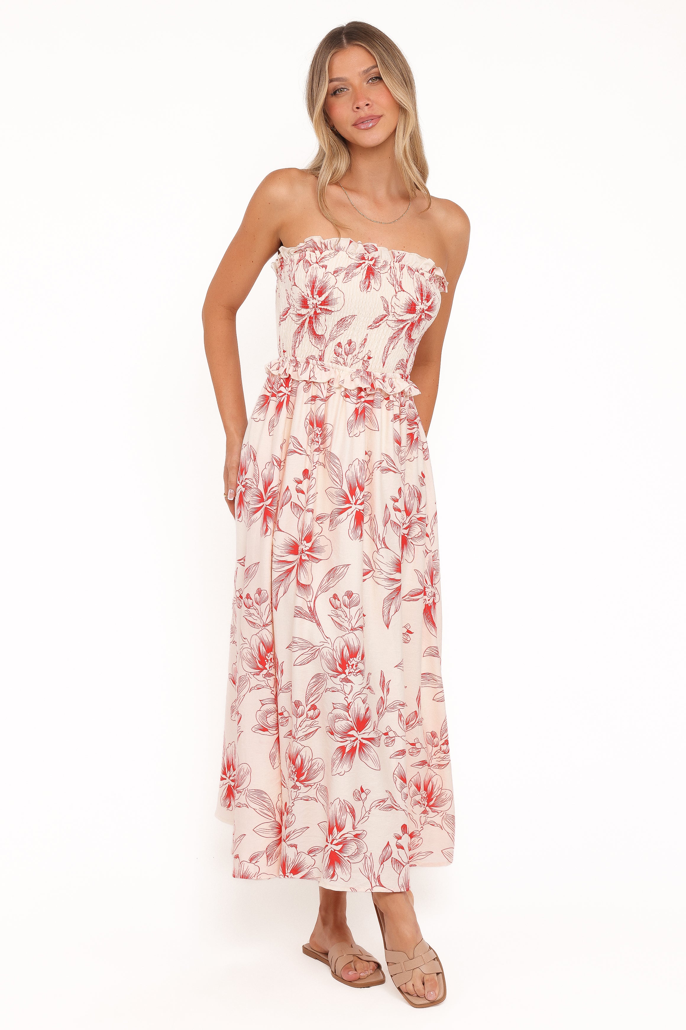 DRESSES Avania Strapless Midi Dress - Red Floral