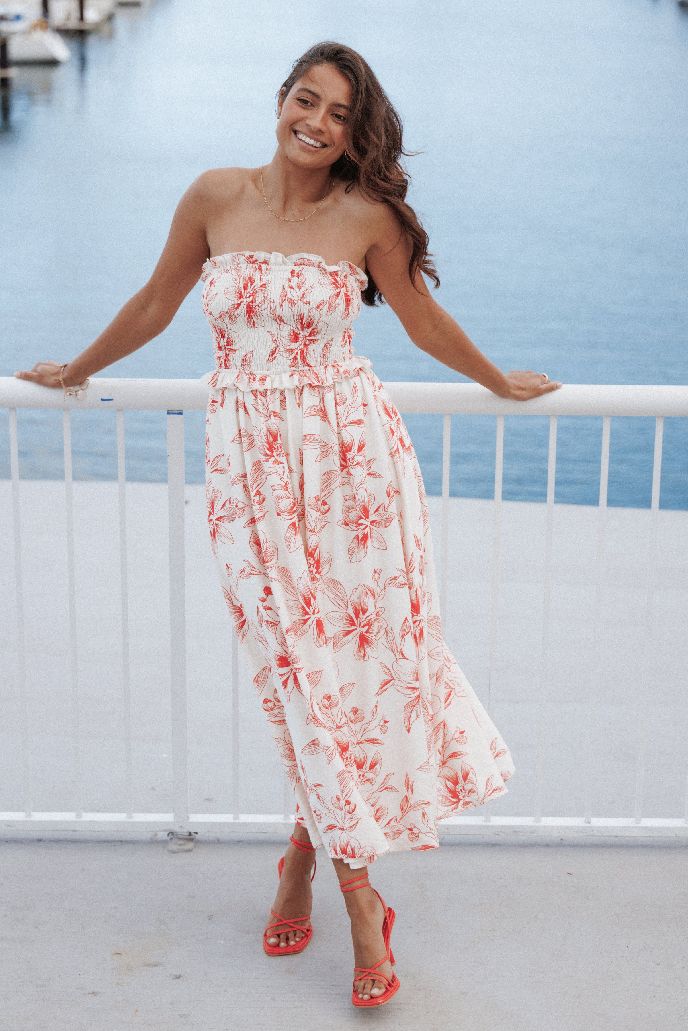 DRESSES Avania Strapless Midi Dress - Red Floral