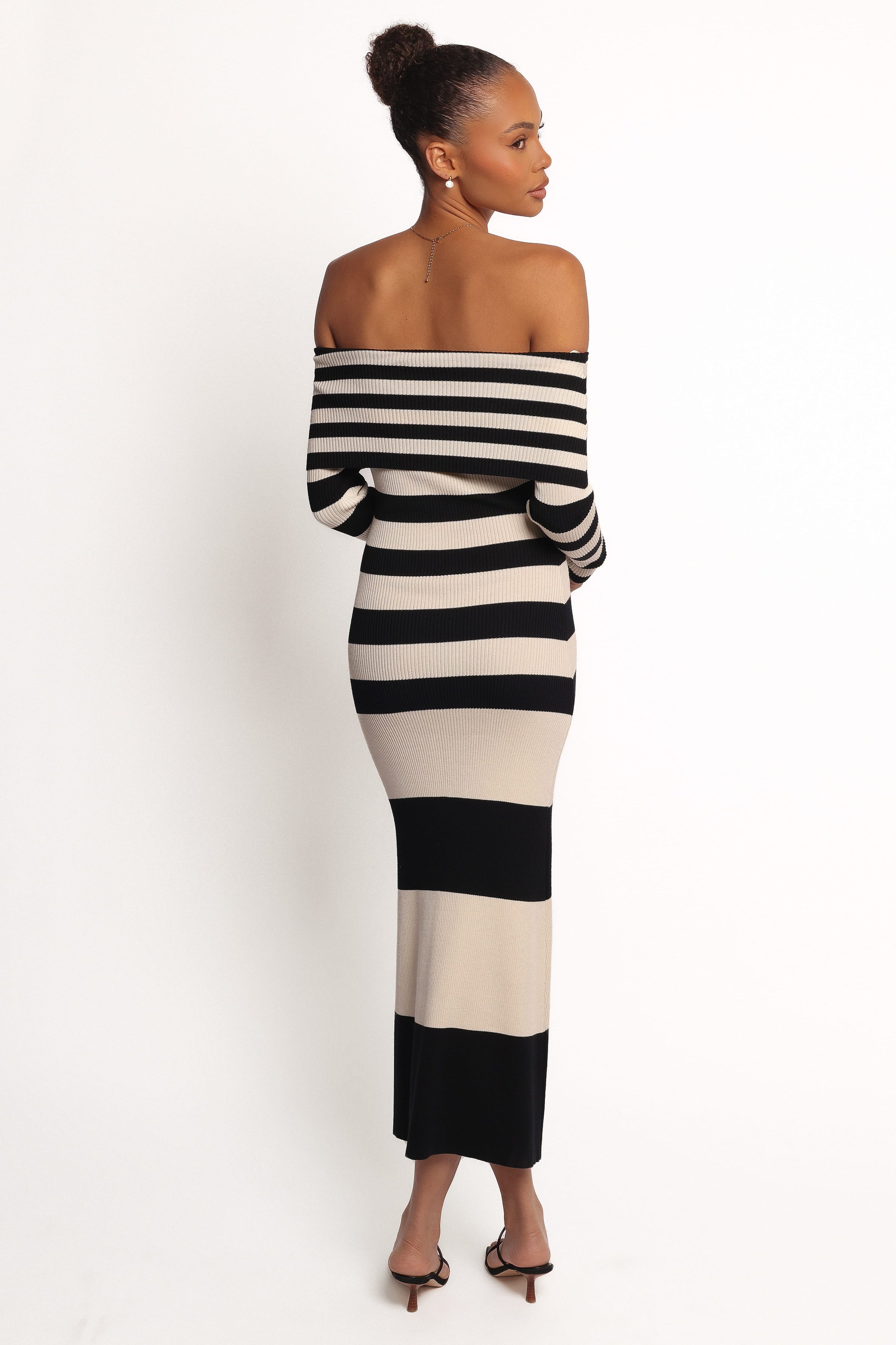 DRESSES Banks Off Shoulder Knit Dress - Black Cream Stripe
