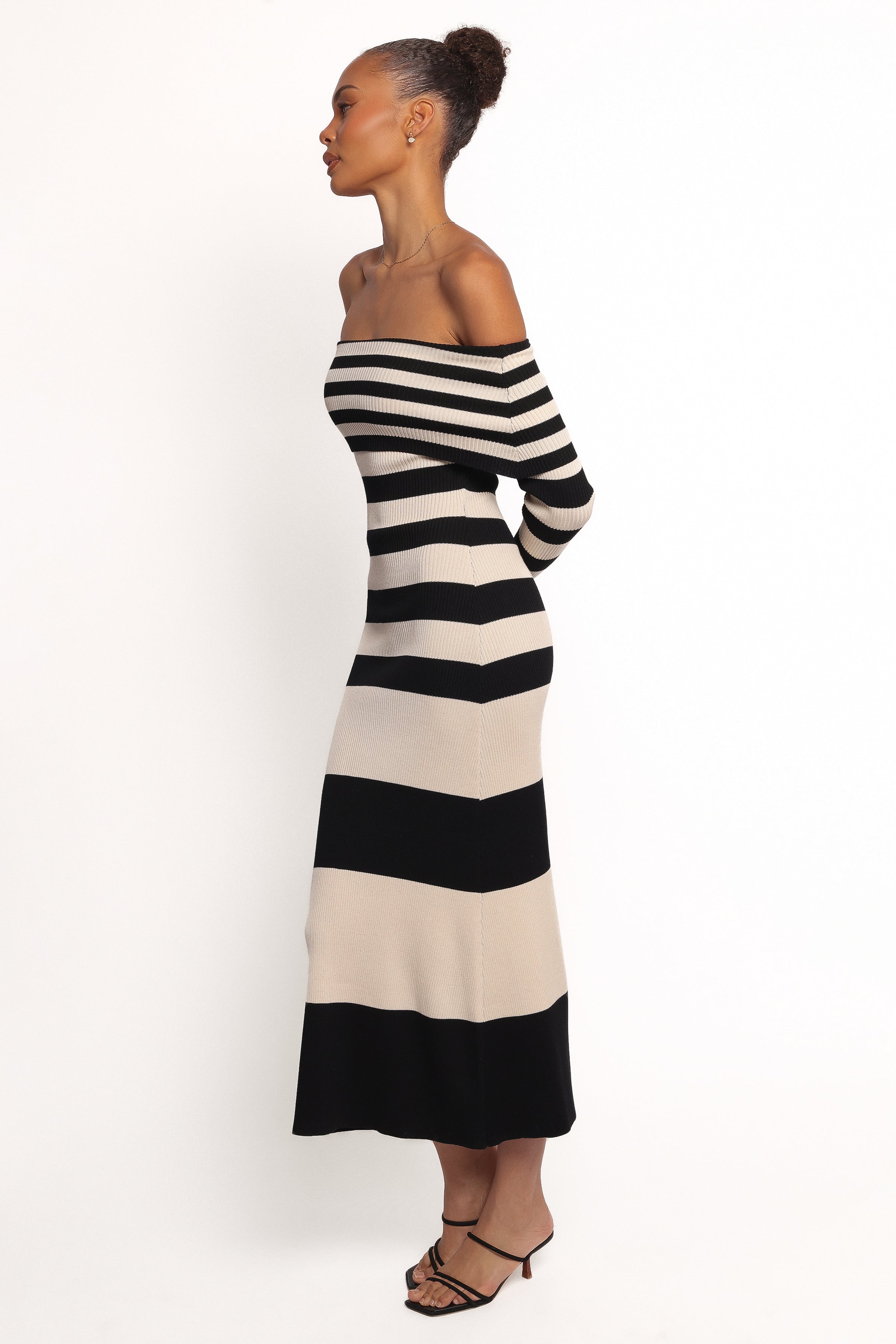 DRESSES Banks Off Shoulder Knit Dress - Black Cream Stripe