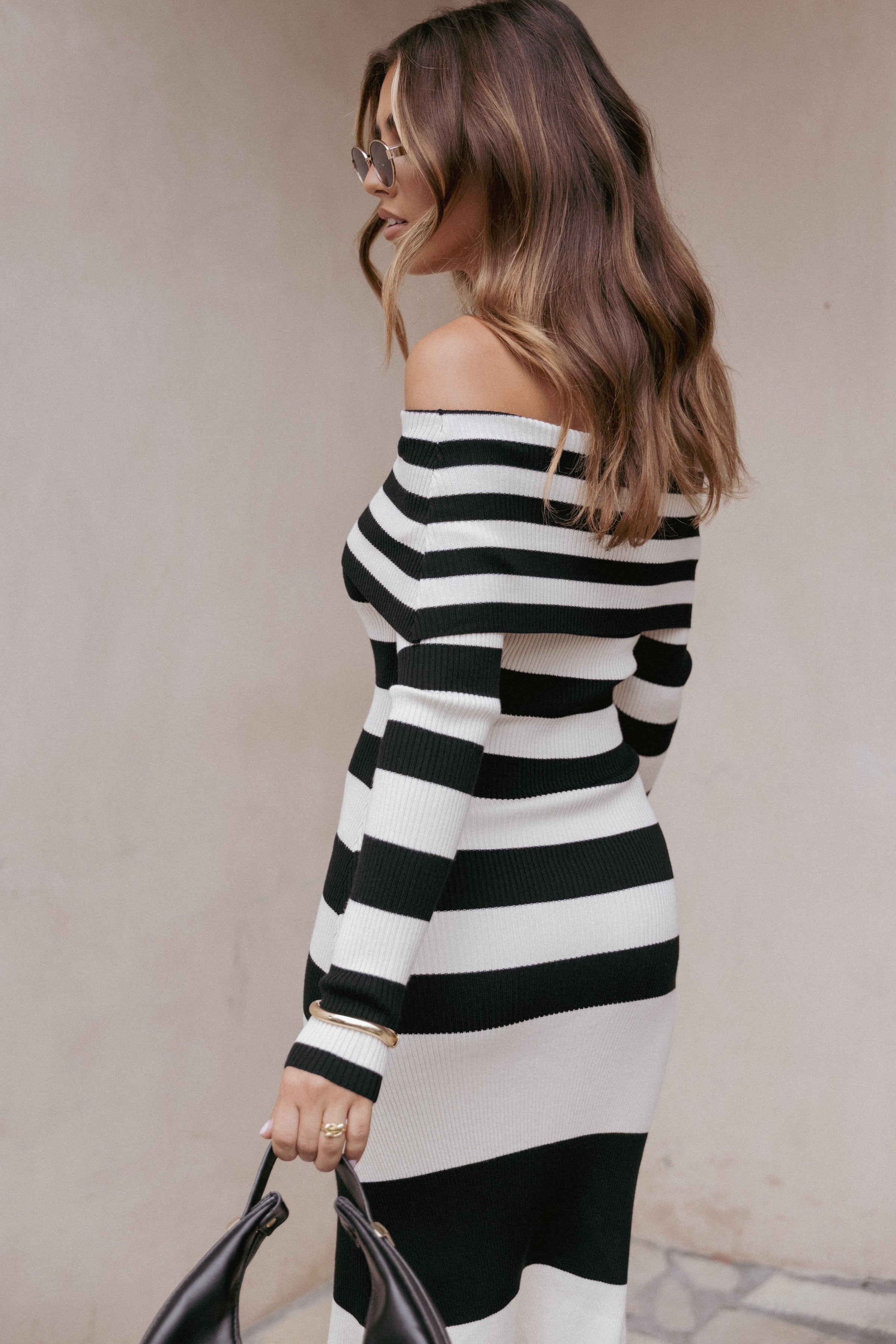 DRESSES Banks Off Shoulder Knit Dress - Black Cream Stripe