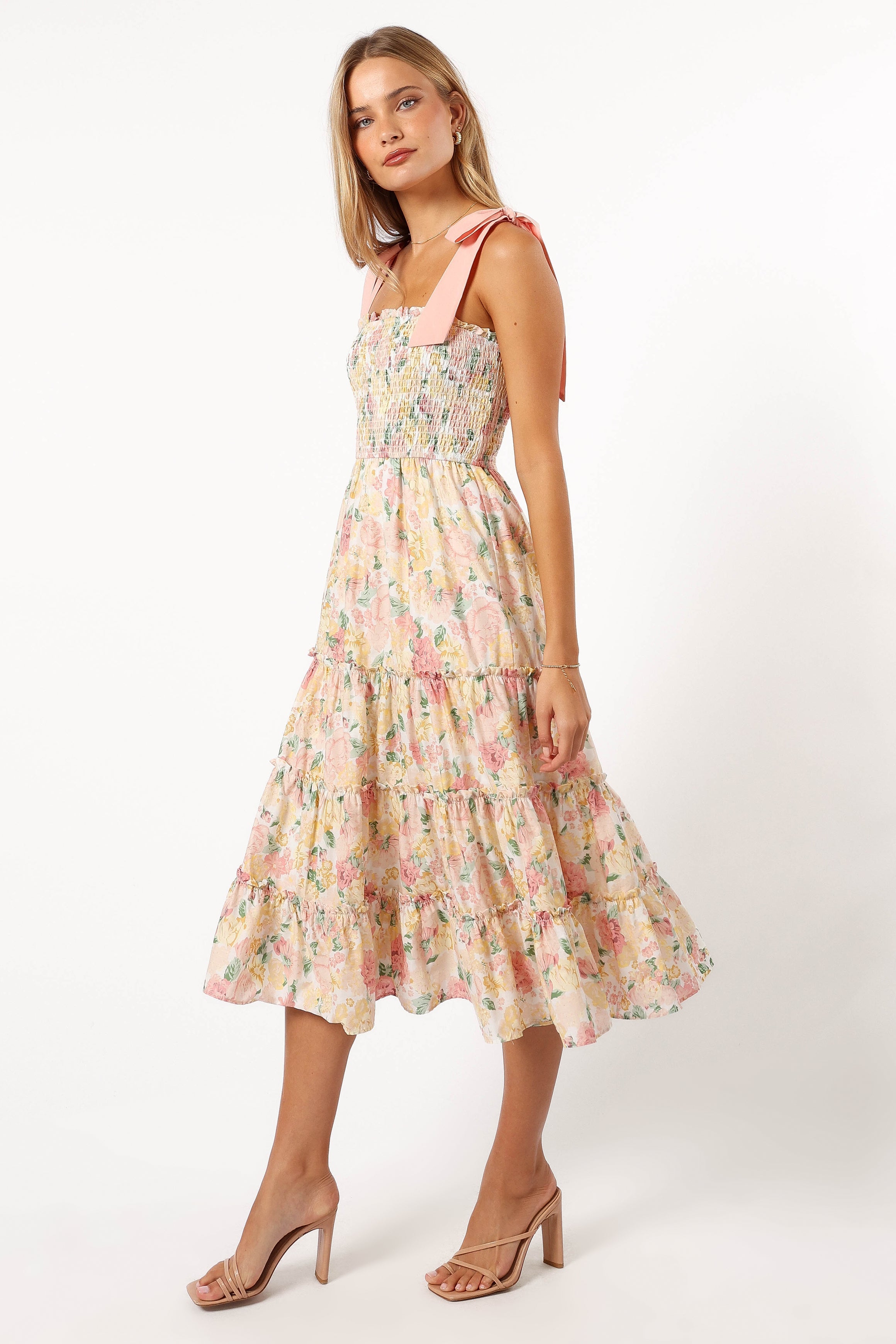 DRESSES @Bella Floral Ruffle Midi Dress - Pink/Yellow
