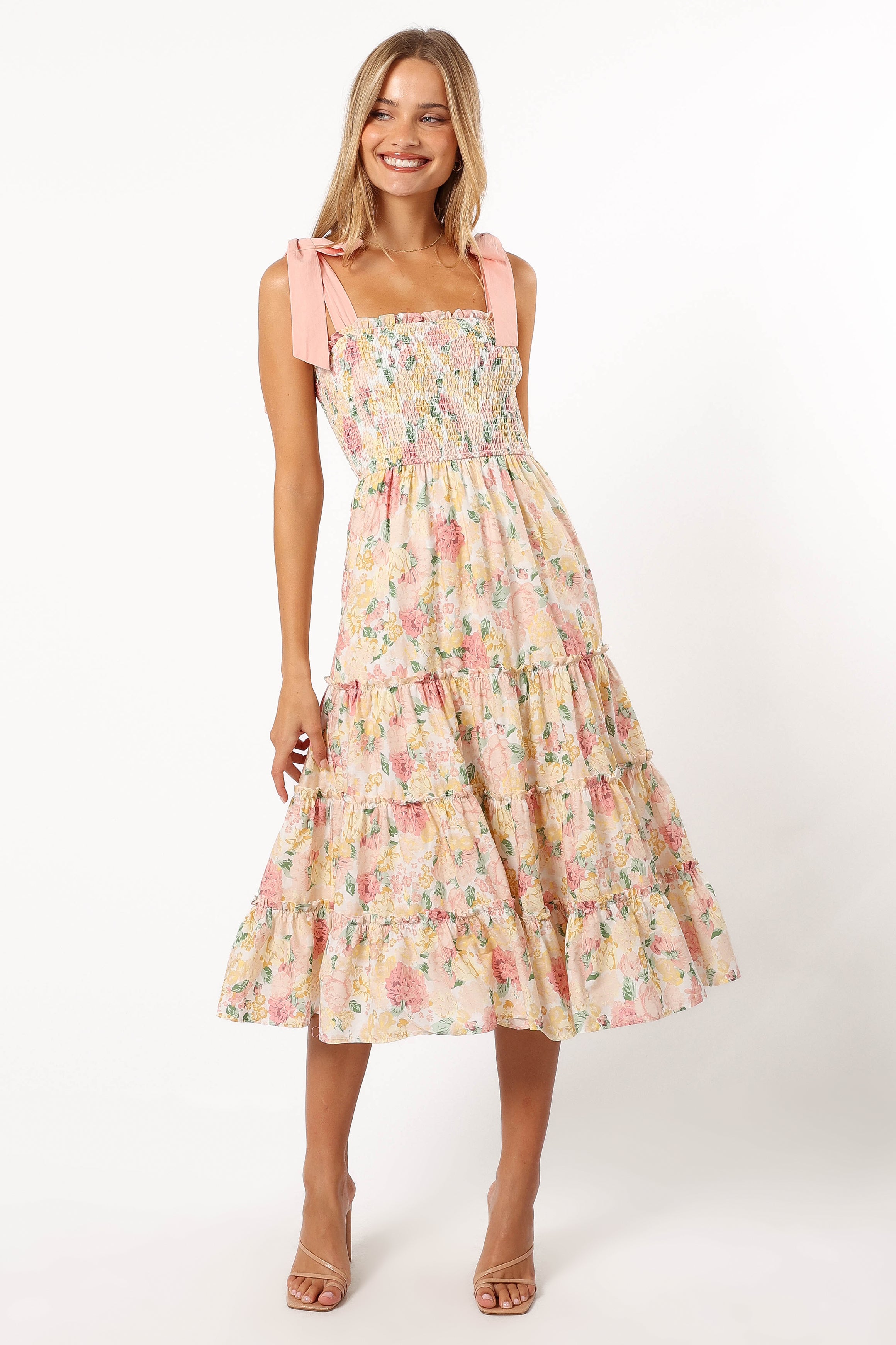 DRESSES @Bella Floral Ruffle Midi Dress - Pink/Yellow