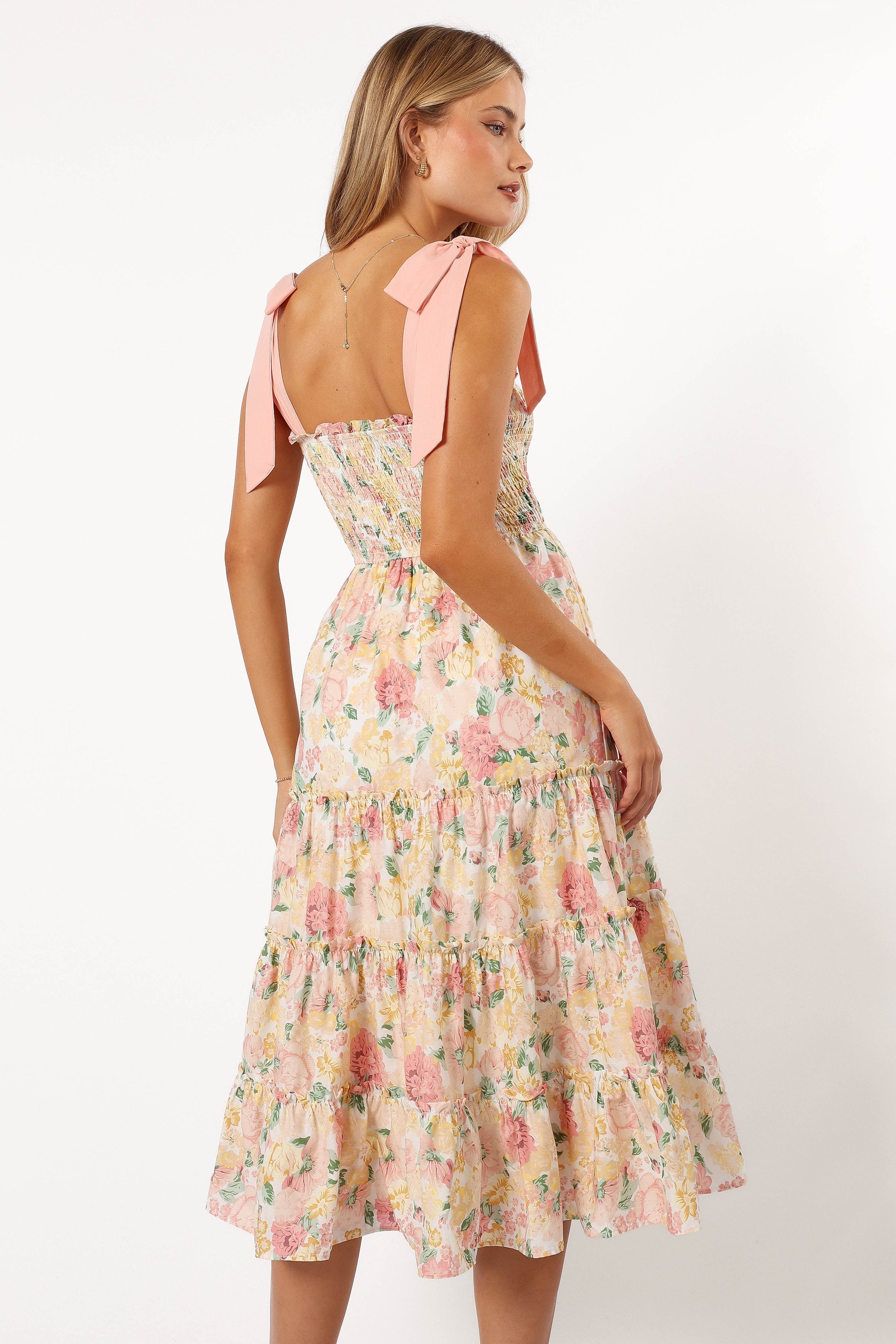 DRESSES @Bella Floral Ruffle Midi Dress - Pink/Yellow