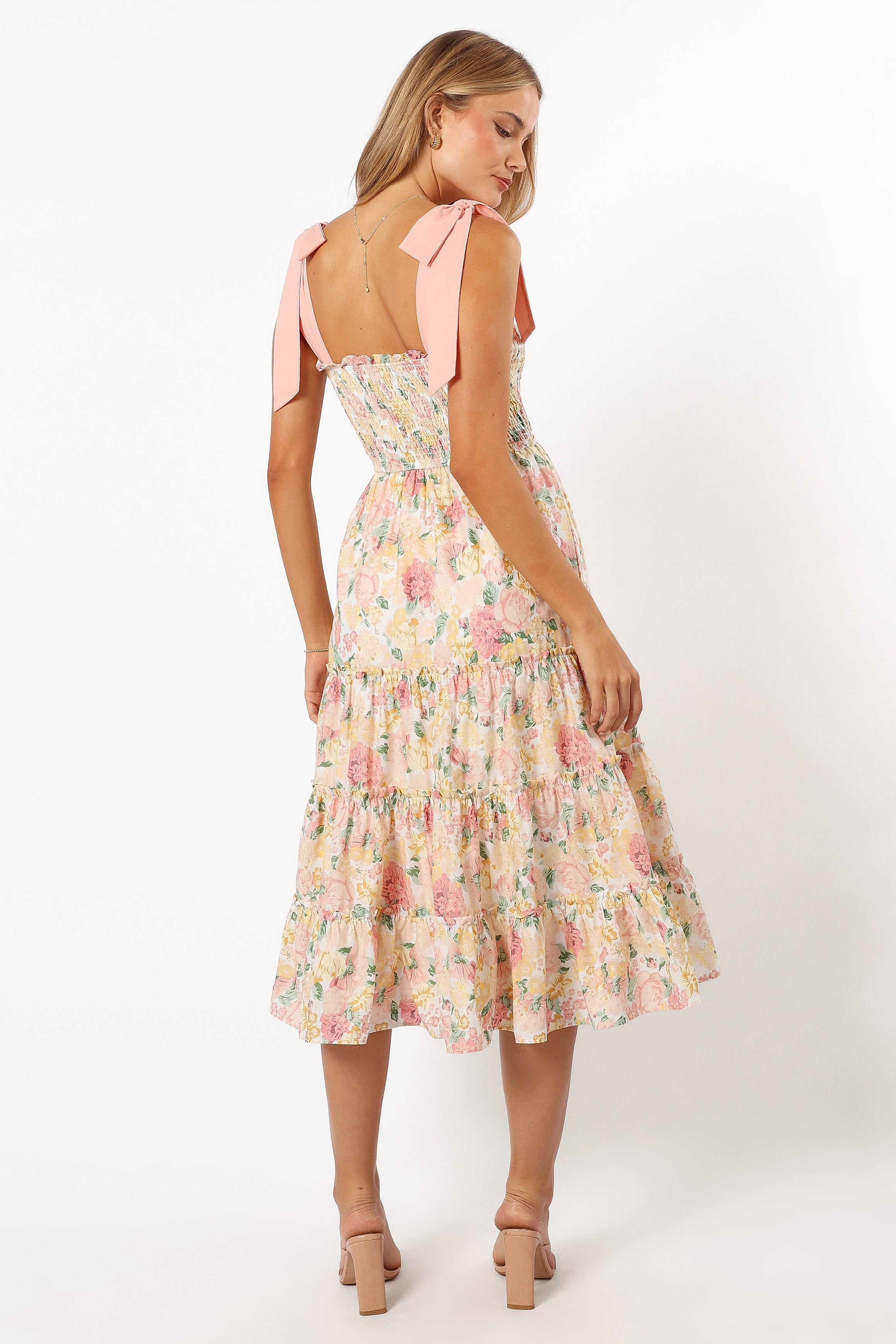DRESSES @Bella Floral Ruffle Midi Dress - Pink/Yellow