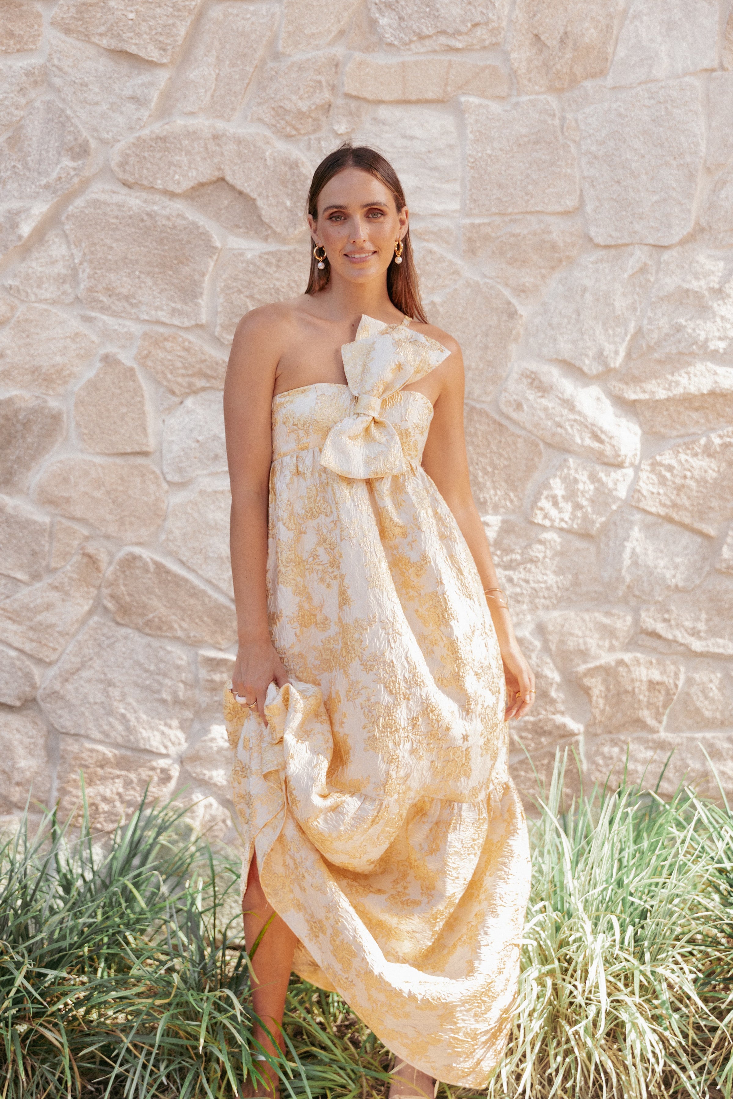 DRESSES Betina Bow Front Maxi Dress - Yellow Brocade