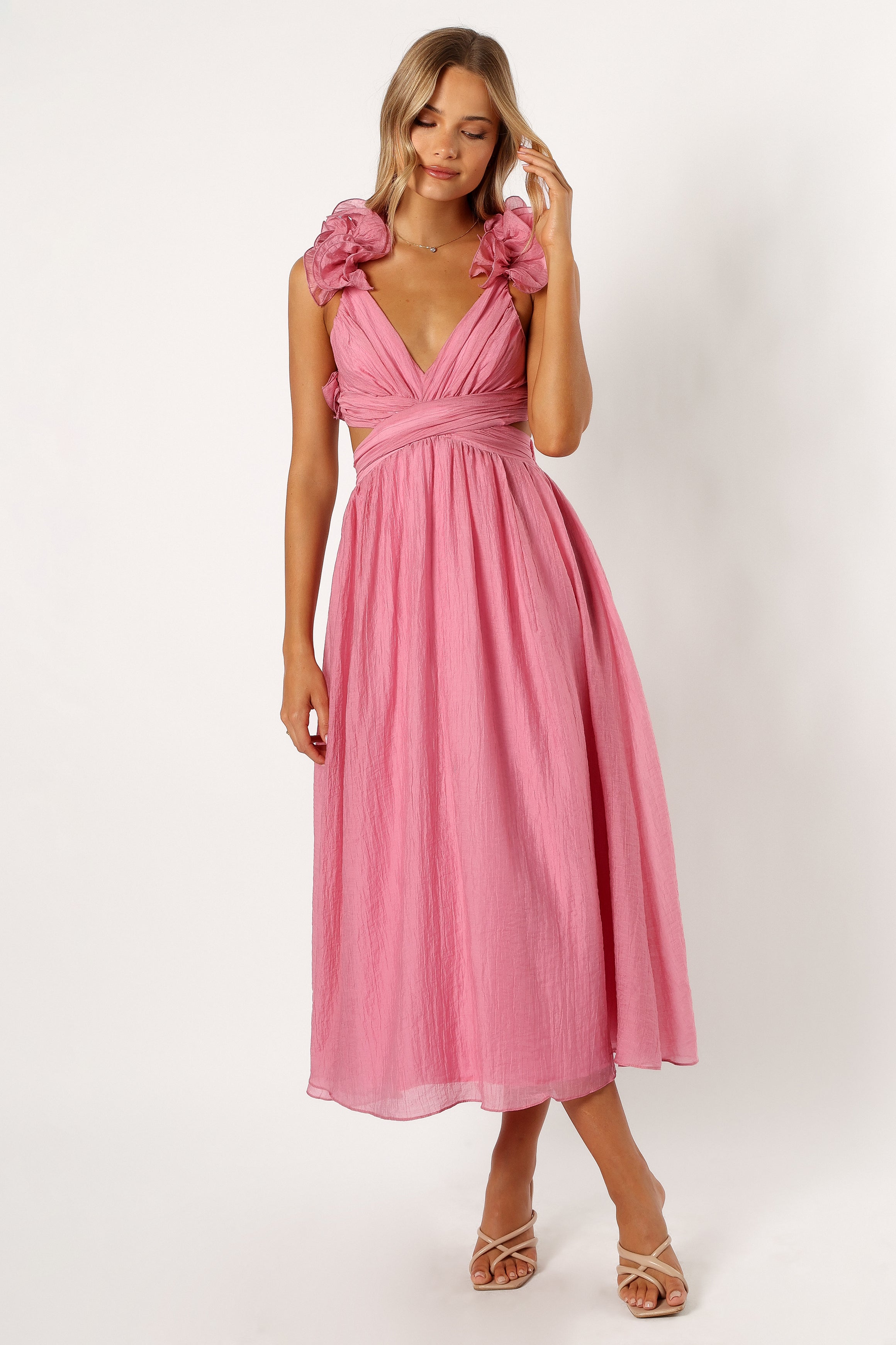 DRESSES @Blake Frill Shoulder Maxi Dress - Pink