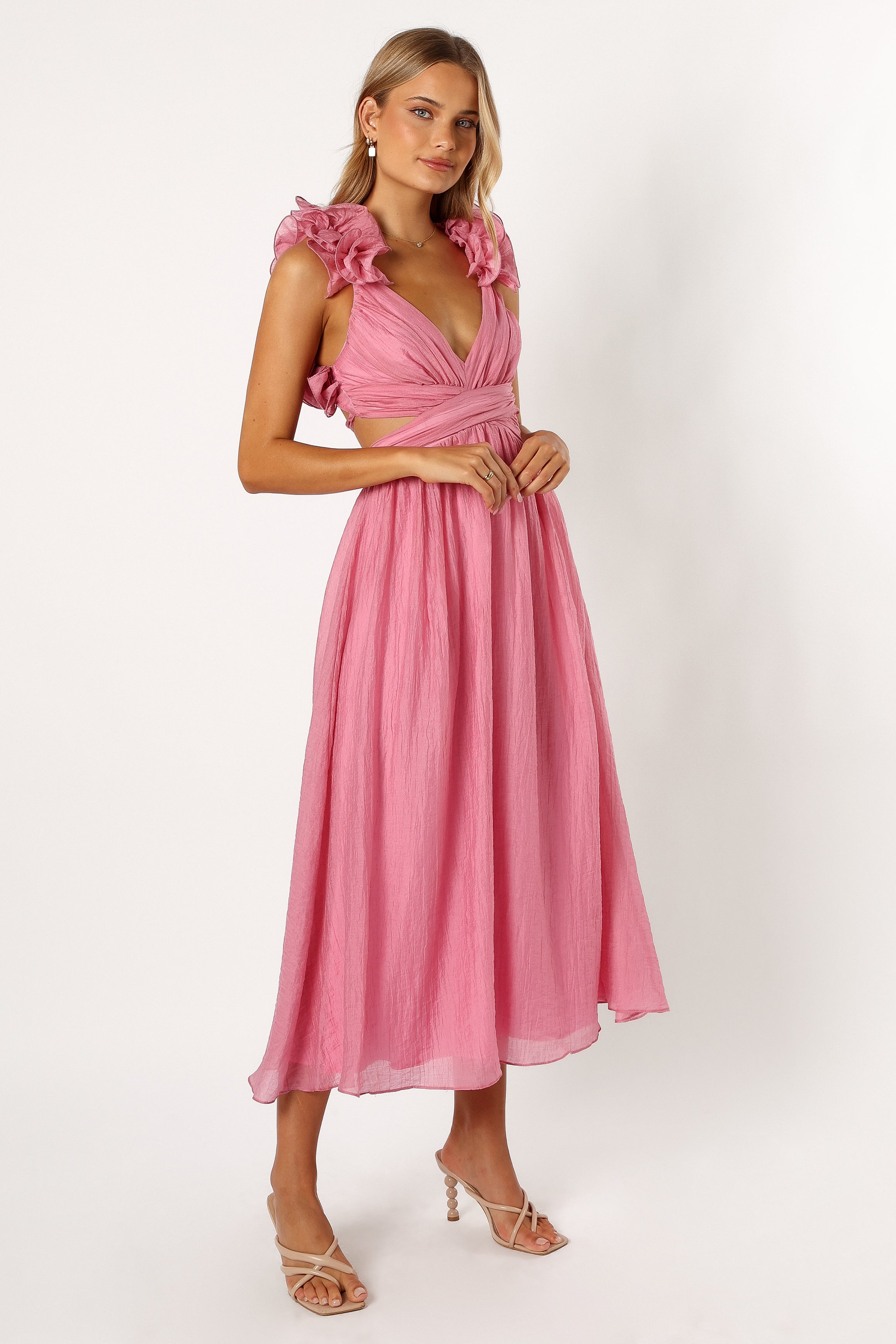 DRESSES @Blake Frill Shoulder Maxi Dress - Pink