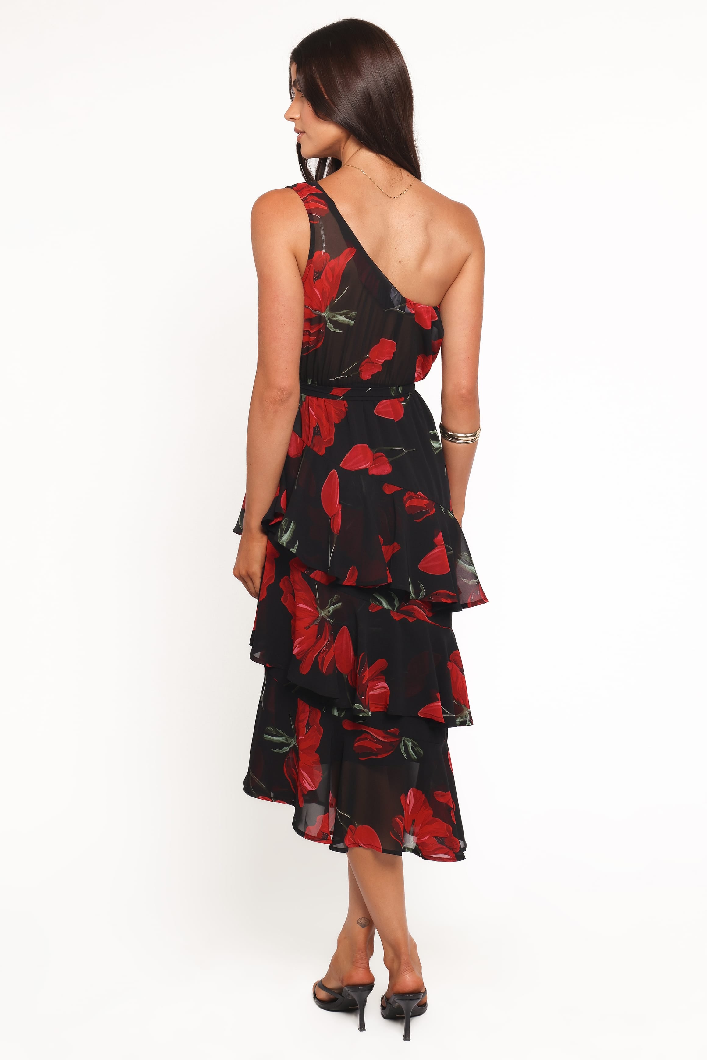 DRESSES Brigette One Shoulder Tiered Midi Dress - Red Floral