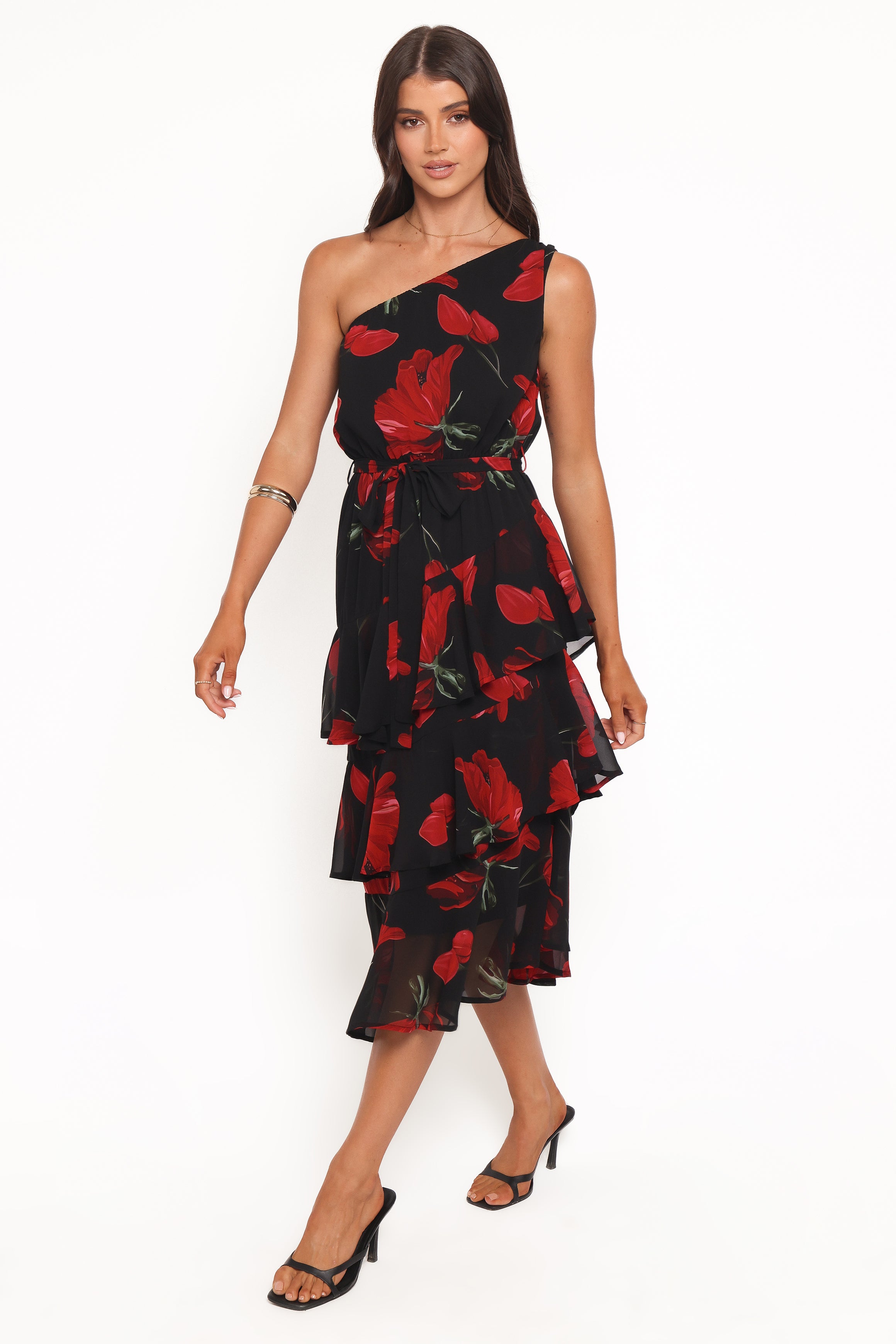 DRESSES Brigette One Shoulder Tiered Midi Dress - Red Floral