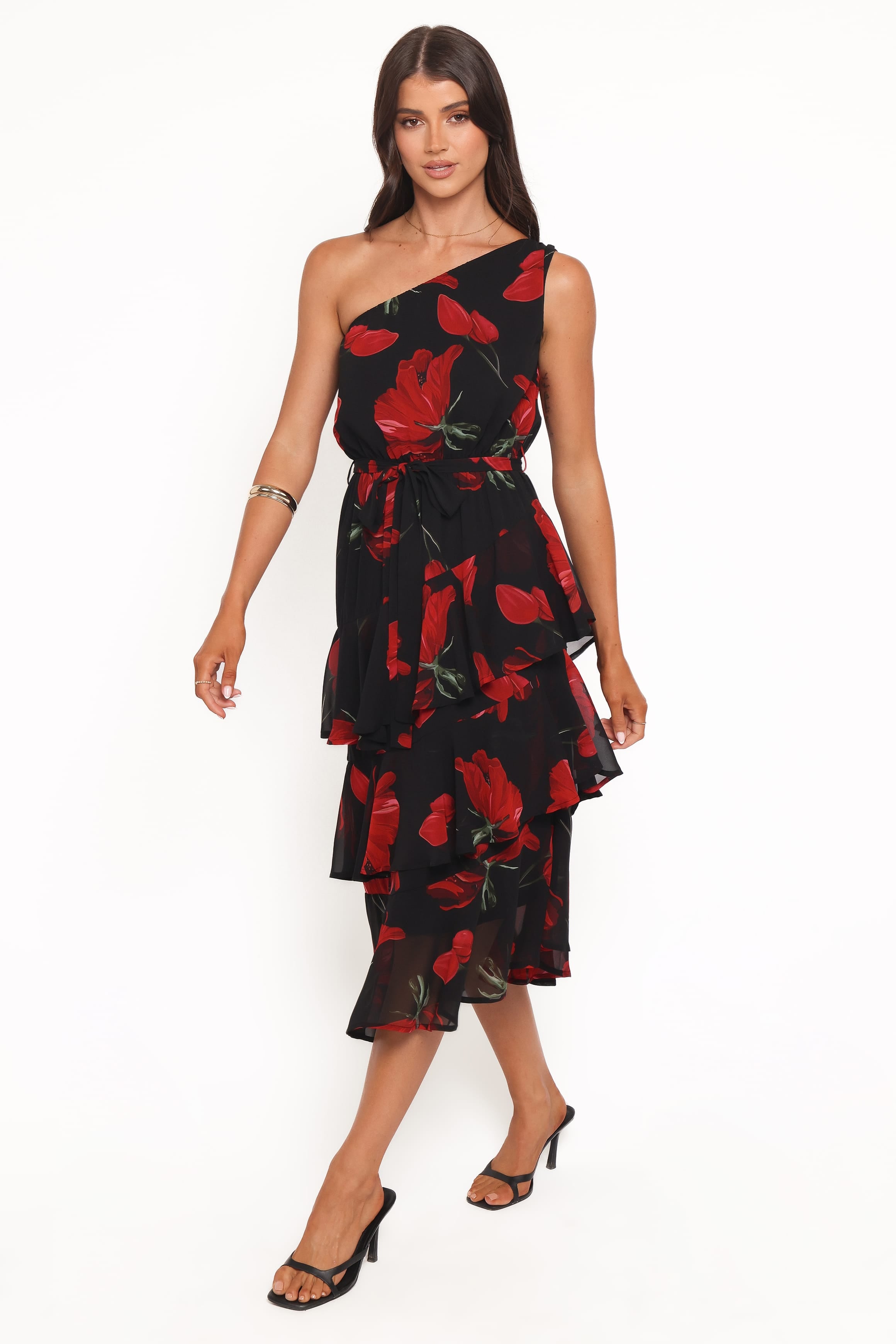 DRESSES Brigette One Shoulder Tiered Midi Dress - Red Floral