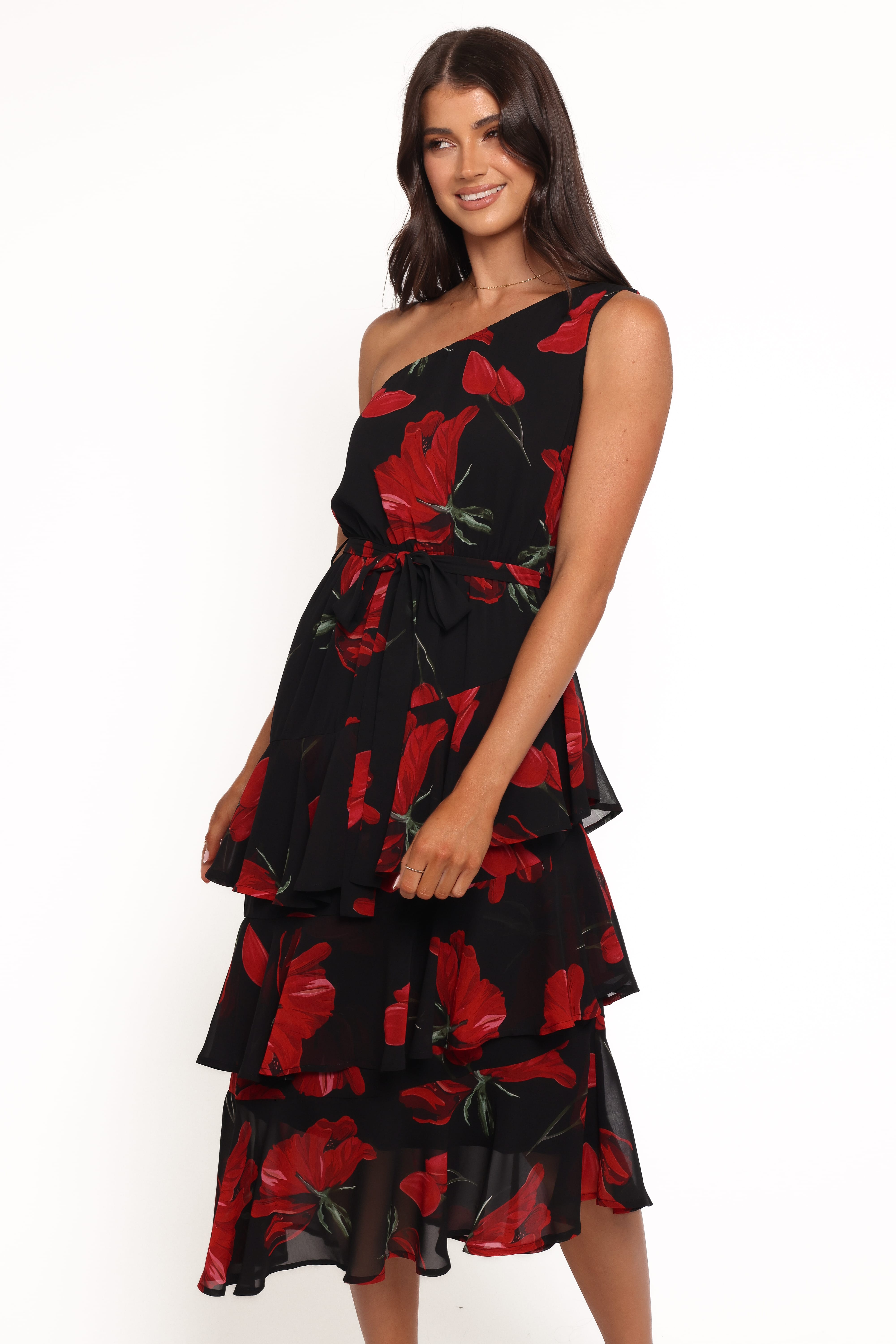 DRESSES Brigette One Shoulder Tiered Midi Dress - Red Floral