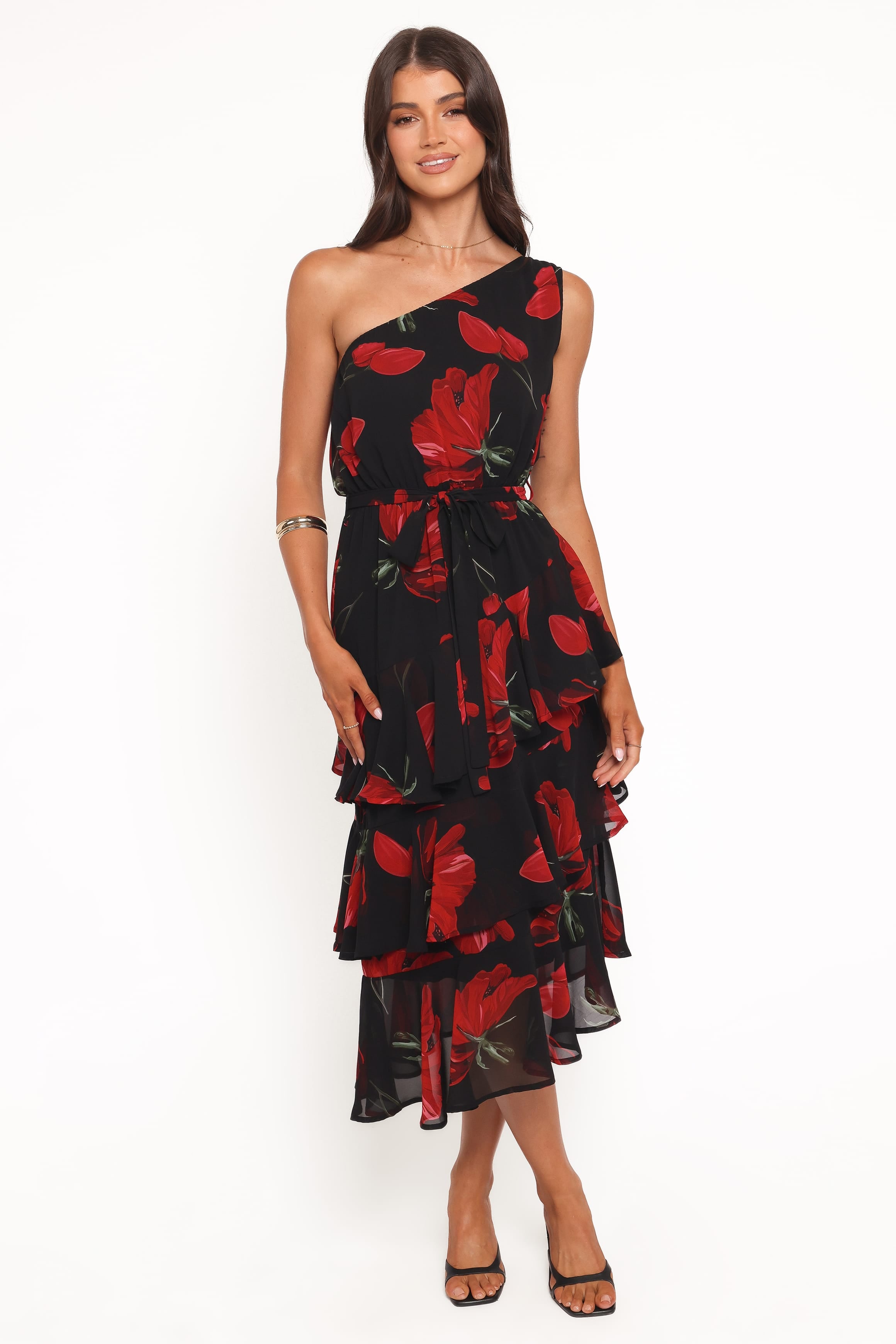 DRESSES Brigette One Shoulder Tiered Midi Dress - Red Floral