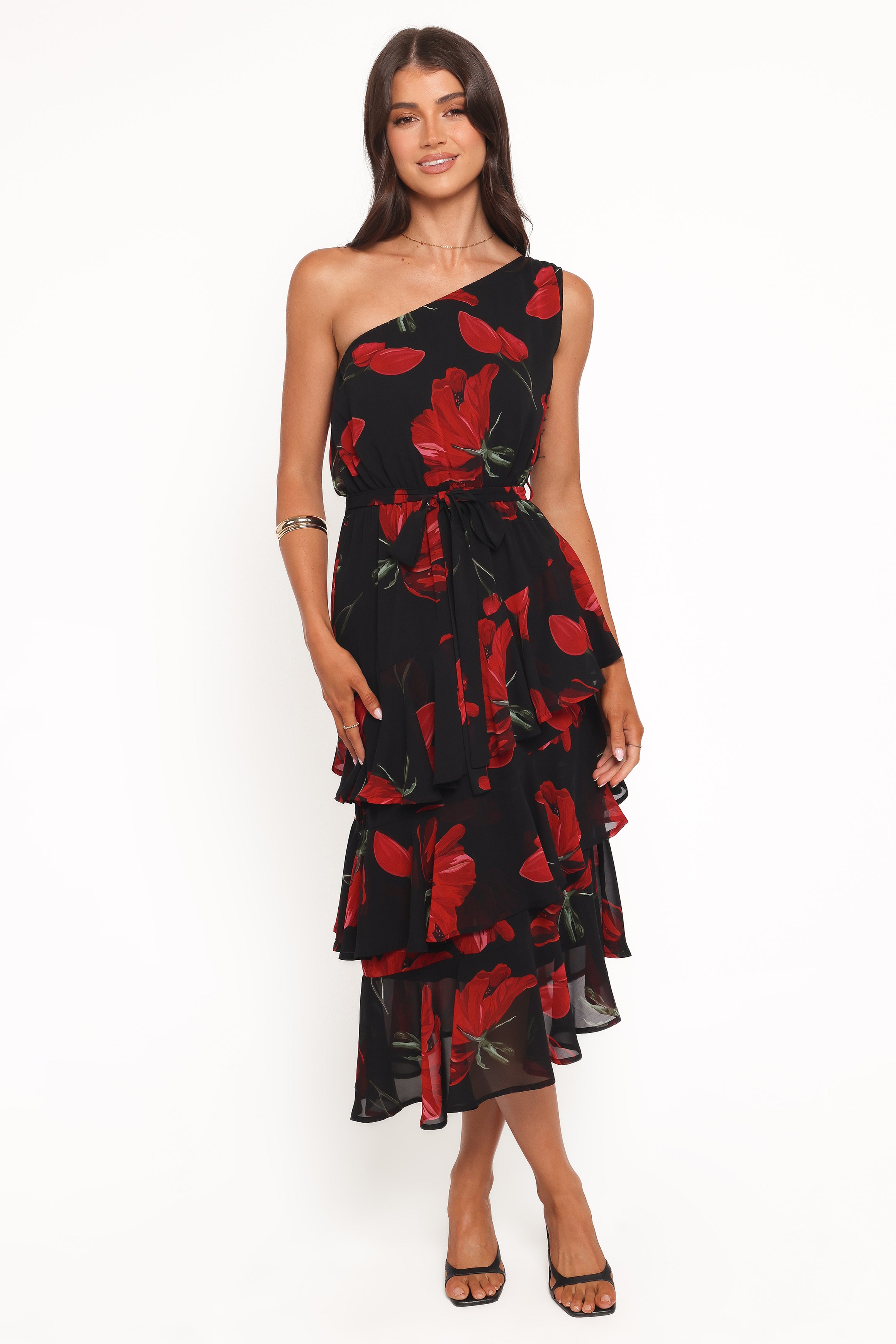 DRESSES Brigette One Shoulder Tiered Midi Dress - Red Floral