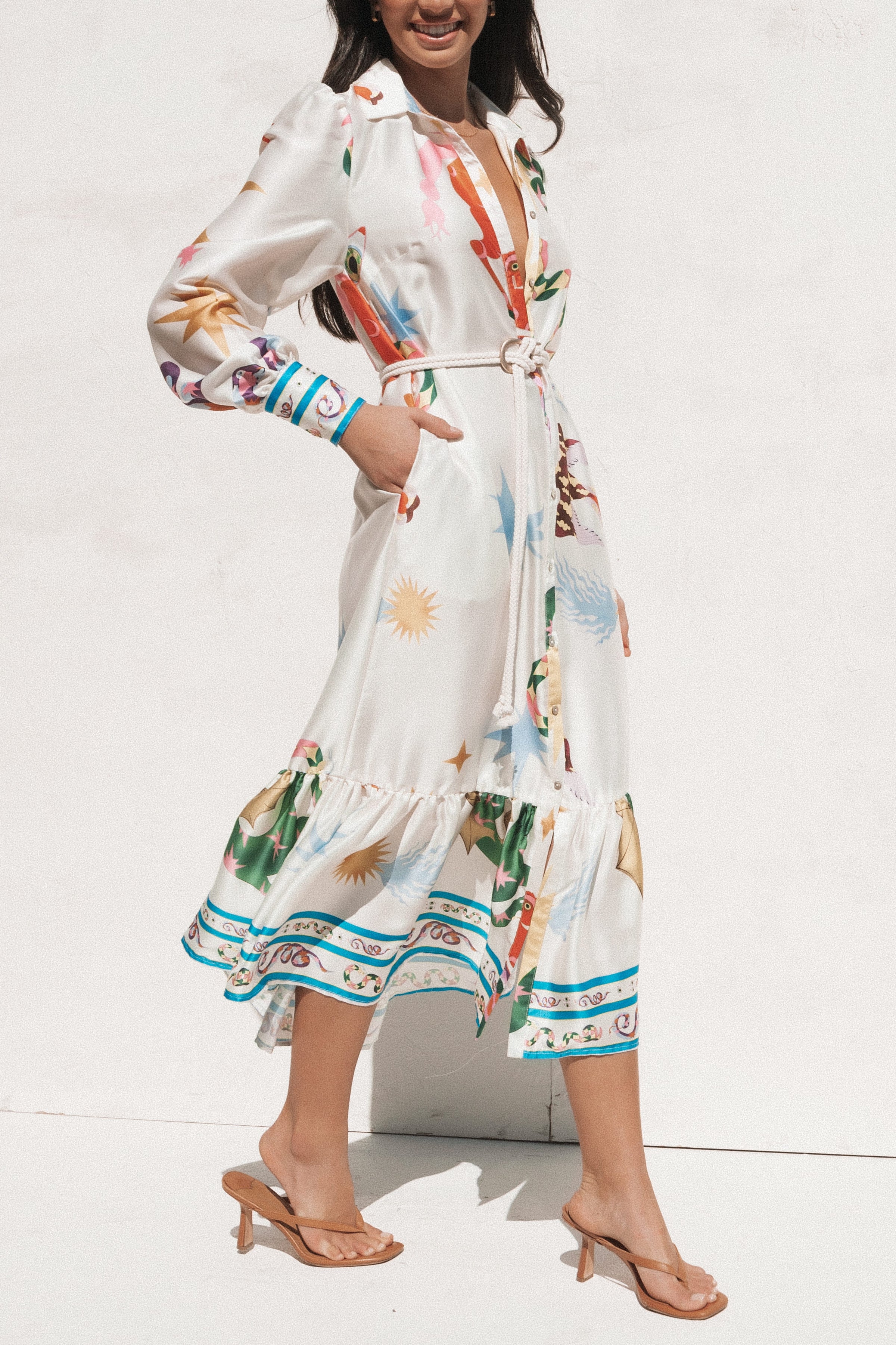 DRESSES Calie Long Sleeve Midi Dress - White/Orange