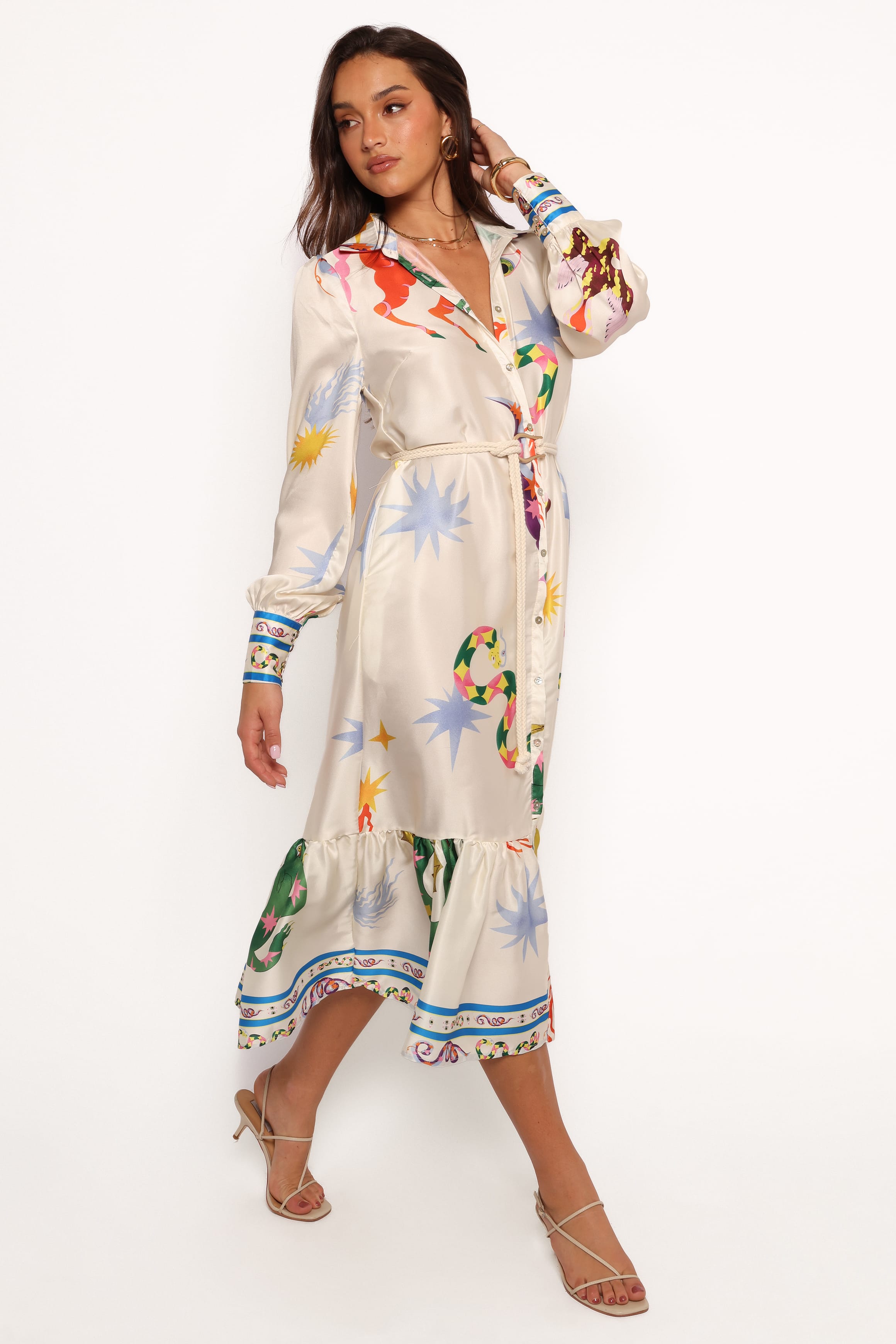 DRESSES Calie Long Sleeve Midi Dress - White/Orange