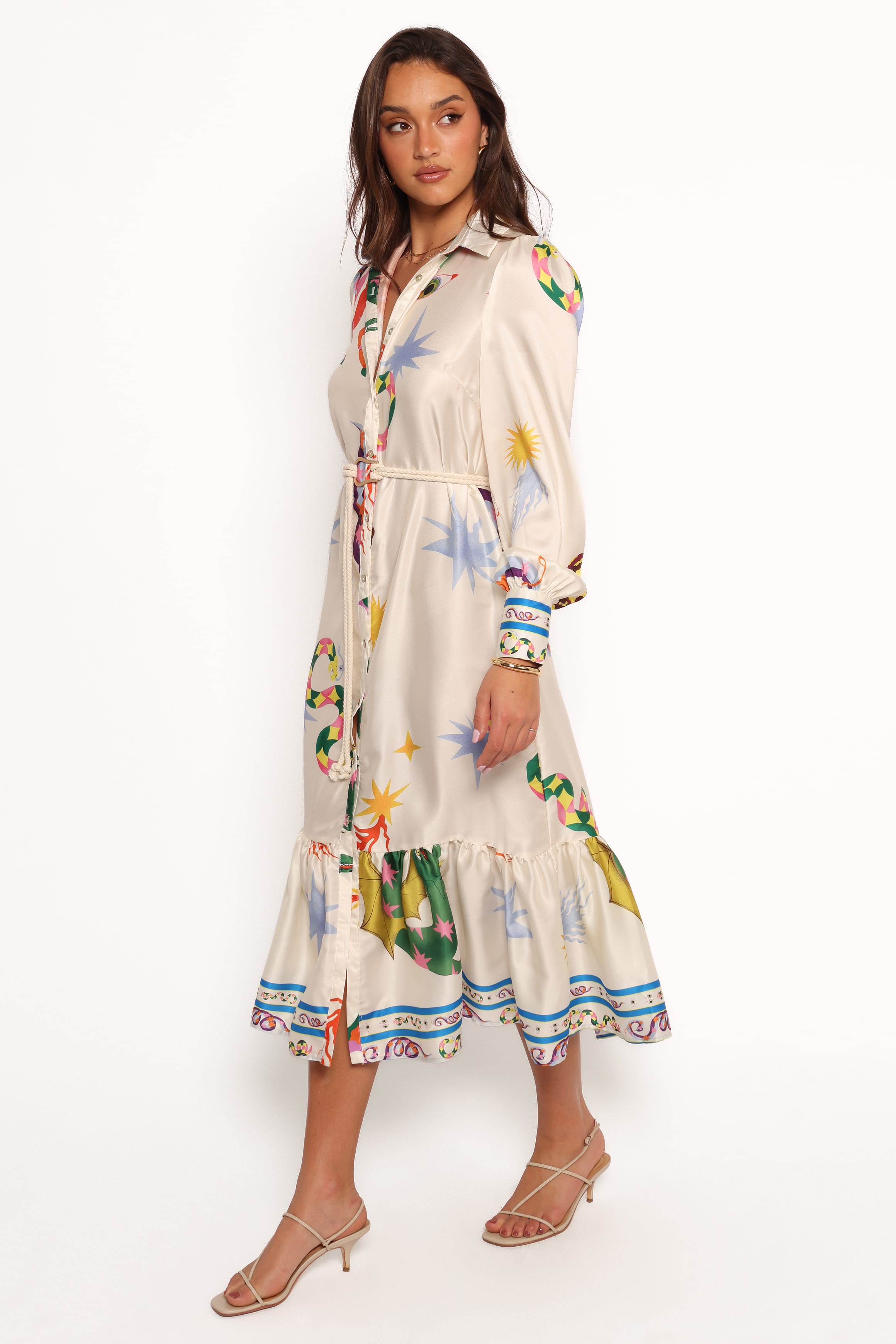 DRESSES Calie Long Sleeve Midi Dress - White/Orange