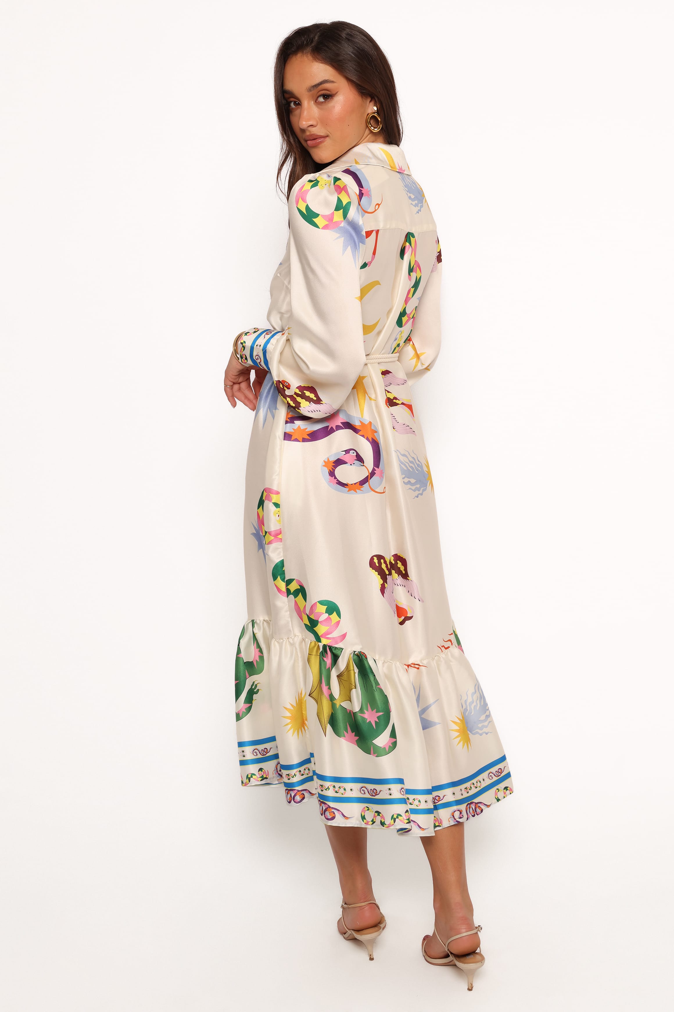 DRESSES Calie Long Sleeve Midi Dress - White/Orange