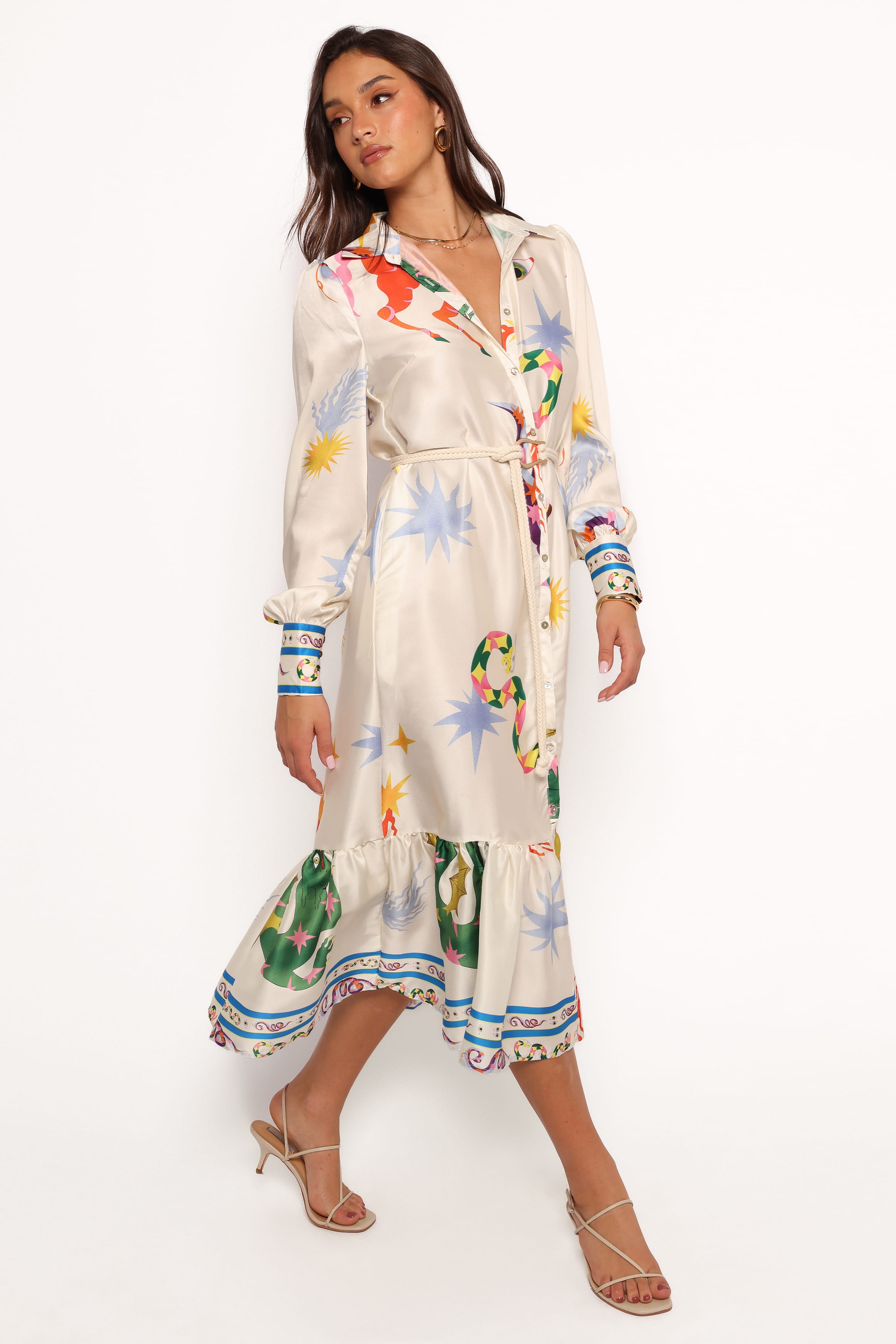 DRESSES Calie Long Sleeve Midi Dress - White/Orange