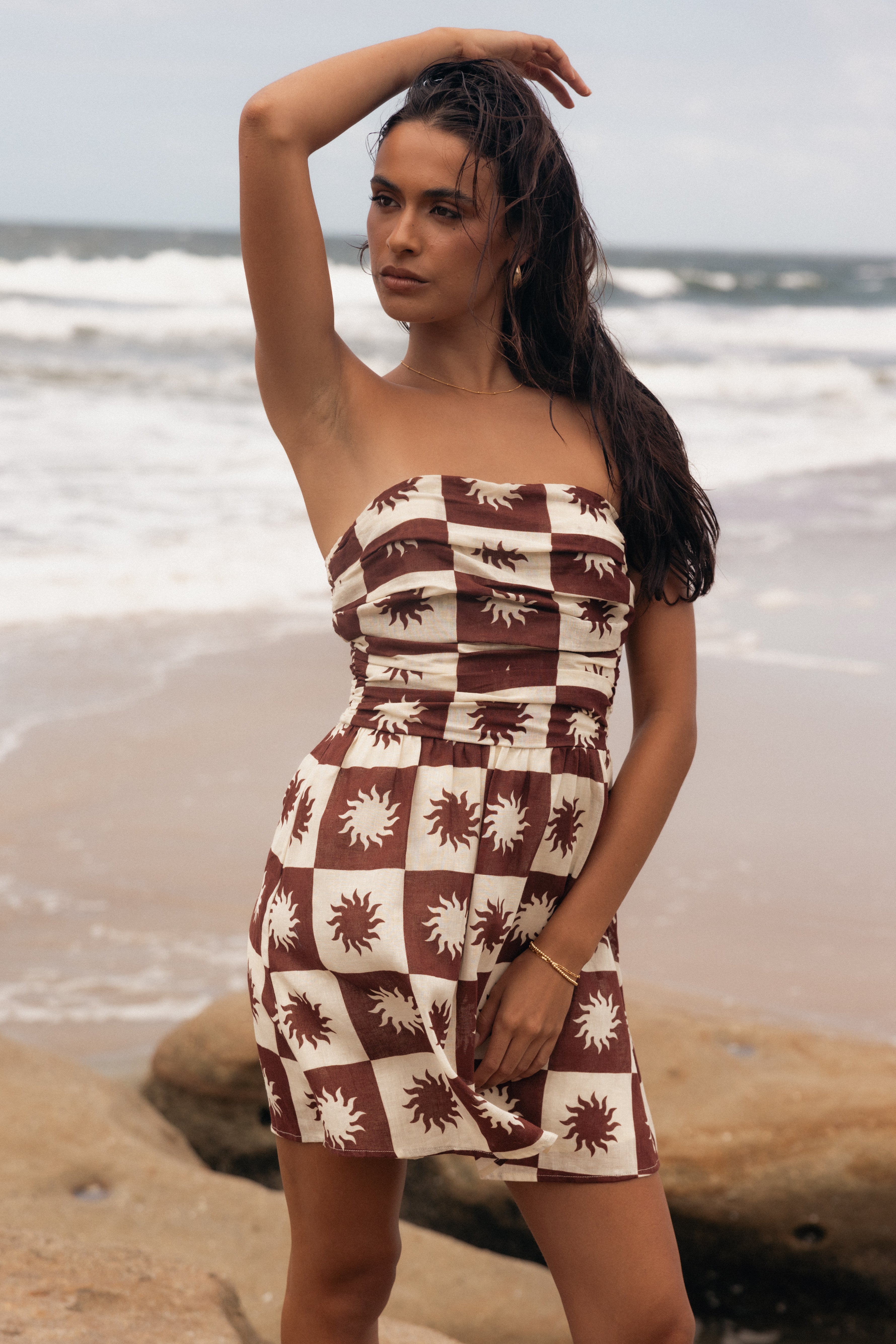 DRESSES @Cameron Strapless Mini Dress - Brown Cream (Hold for Sundial)