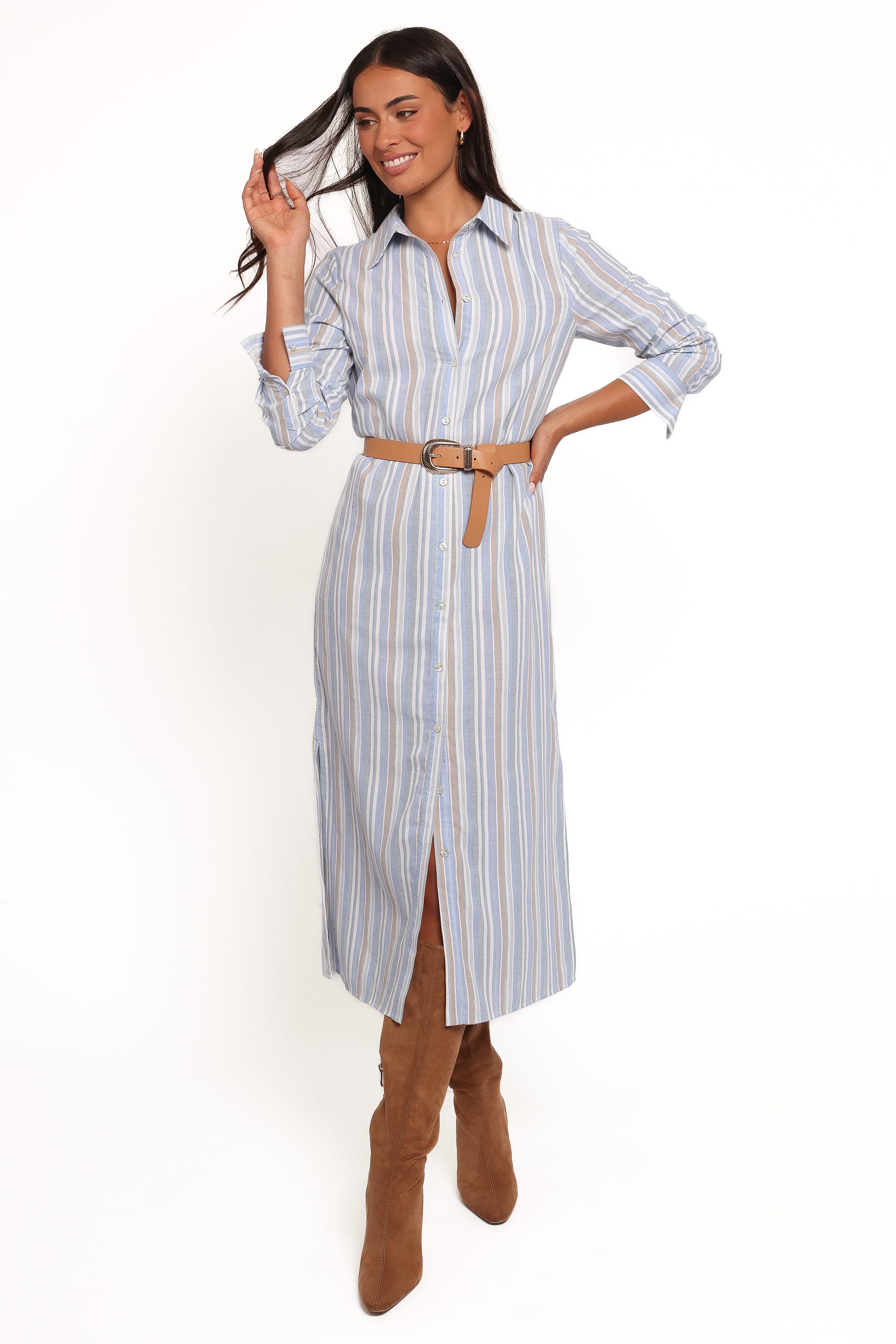 DRESSES Caprice Long Sleeve Button Down Maxi Dress - Blue Stripe