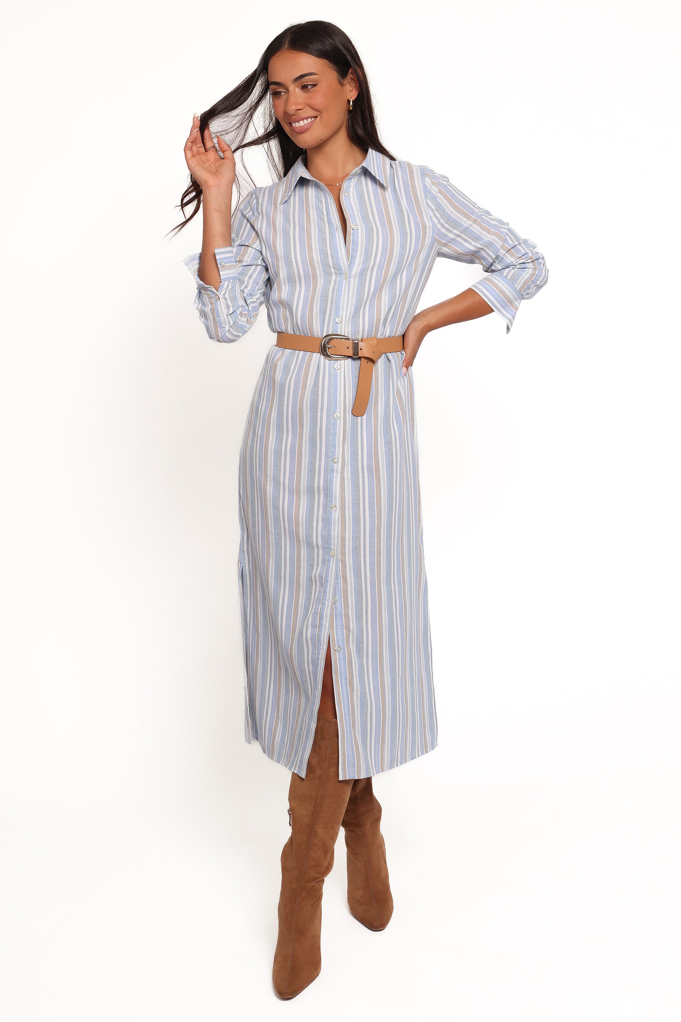 DRESSES Caprice Long Sleeve Button Down Maxi Dress - Blue Stripe