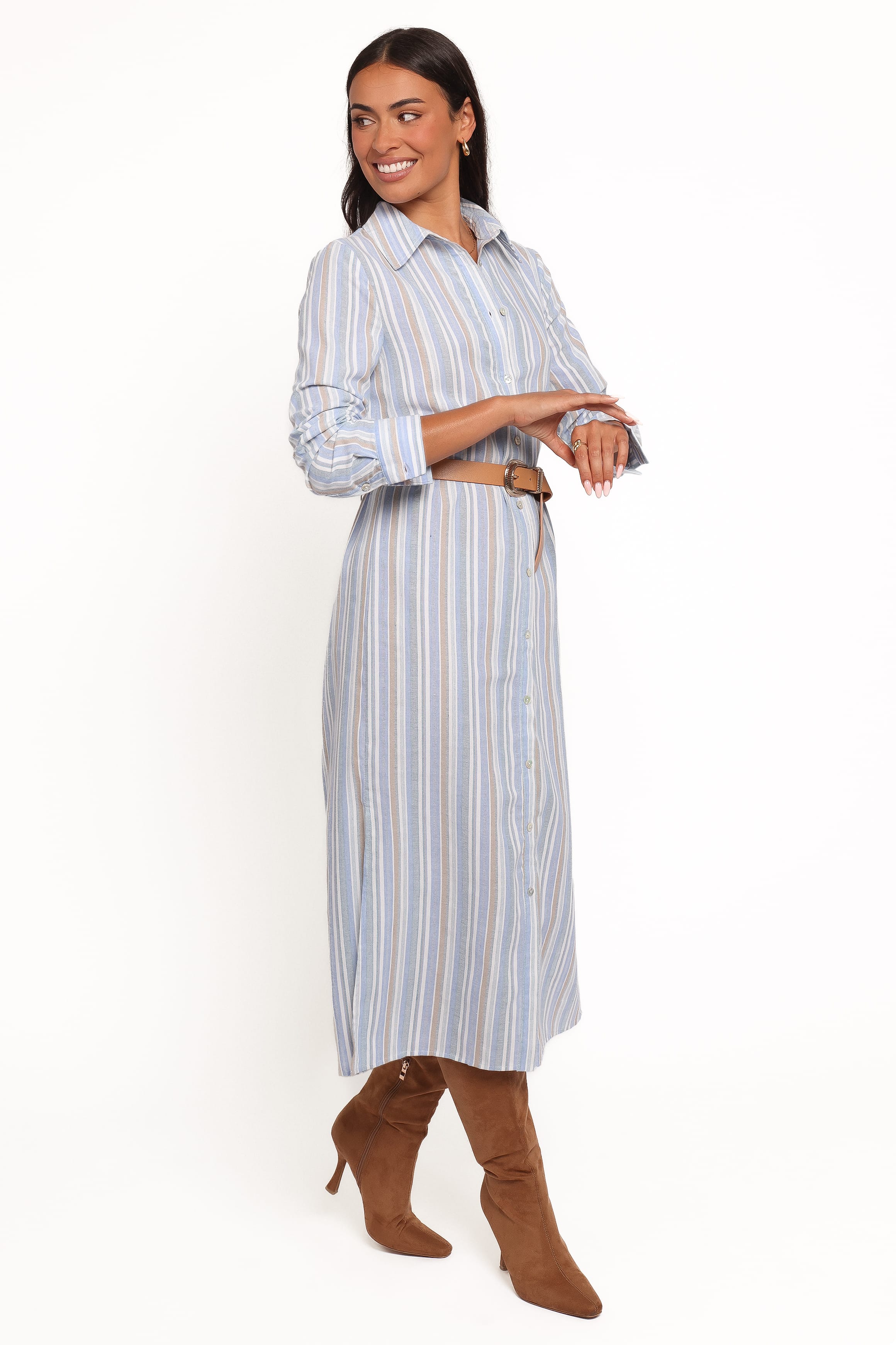 DRESSES Caprice Long Sleeve Button Down Maxi Dress - Blue Stripe