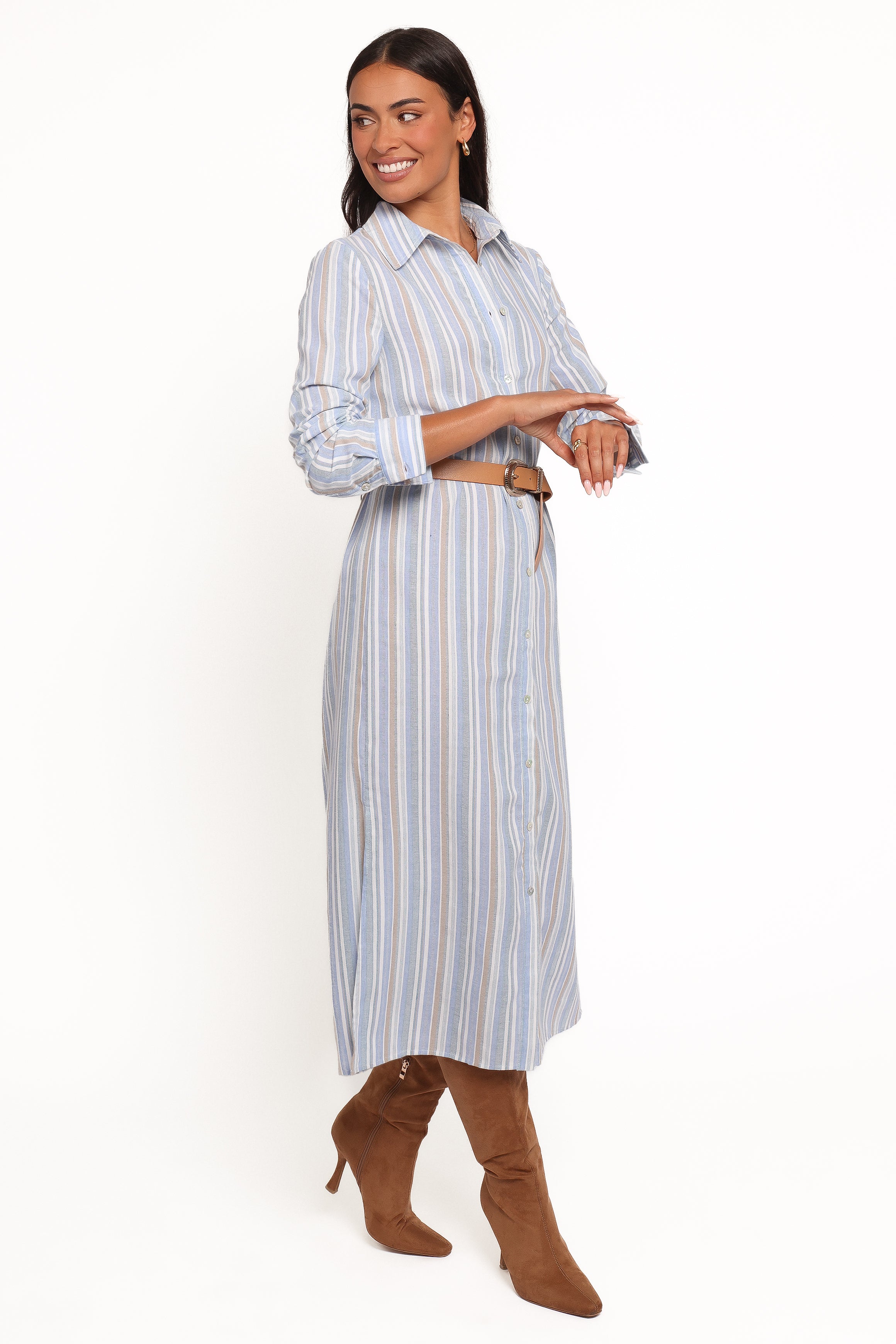 DRESSES Caprice Long Sleeve Button Down Maxi Dress - Blue Stripe