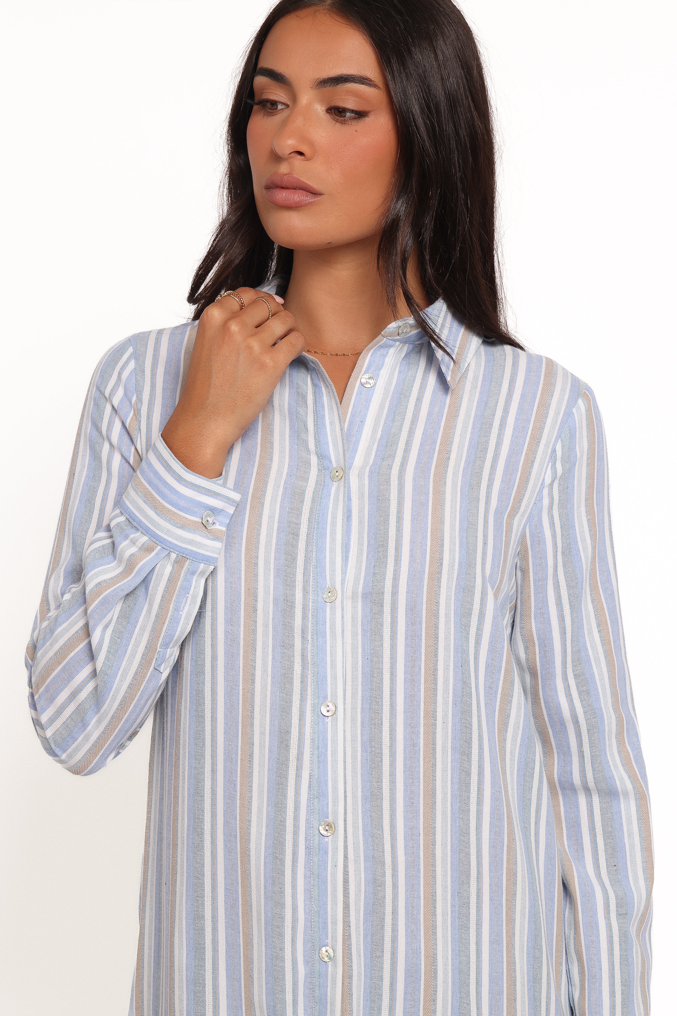 DRESSES Caprice Long Sleeve Button Down Maxi Dress - Blue Stripe