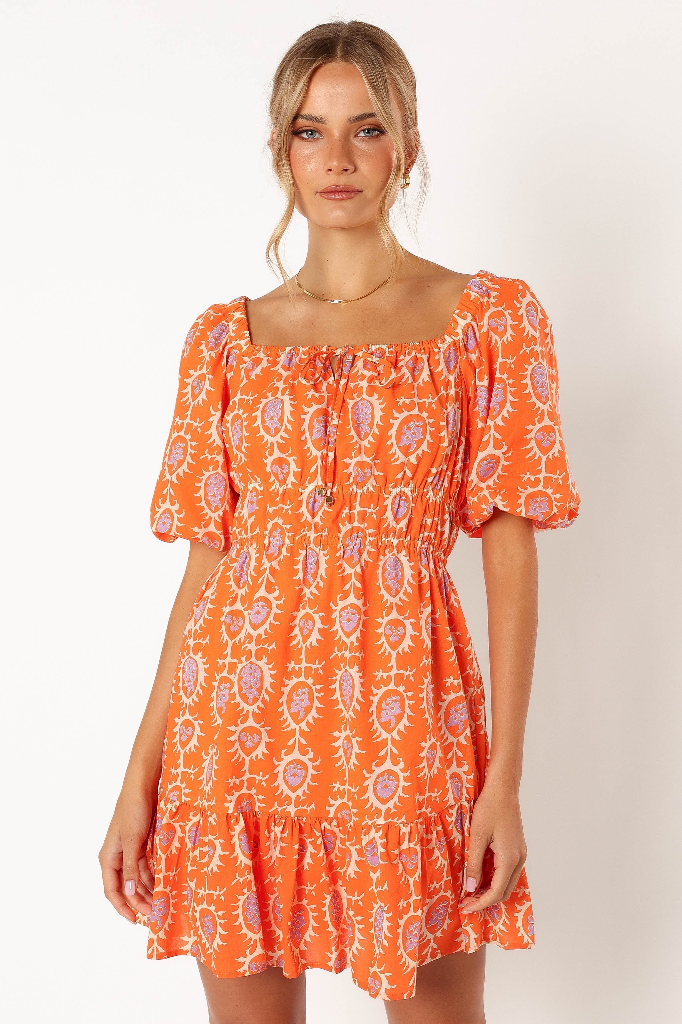 DRESSES @Carmen Off Shoulder Mini Dress - Orange Print