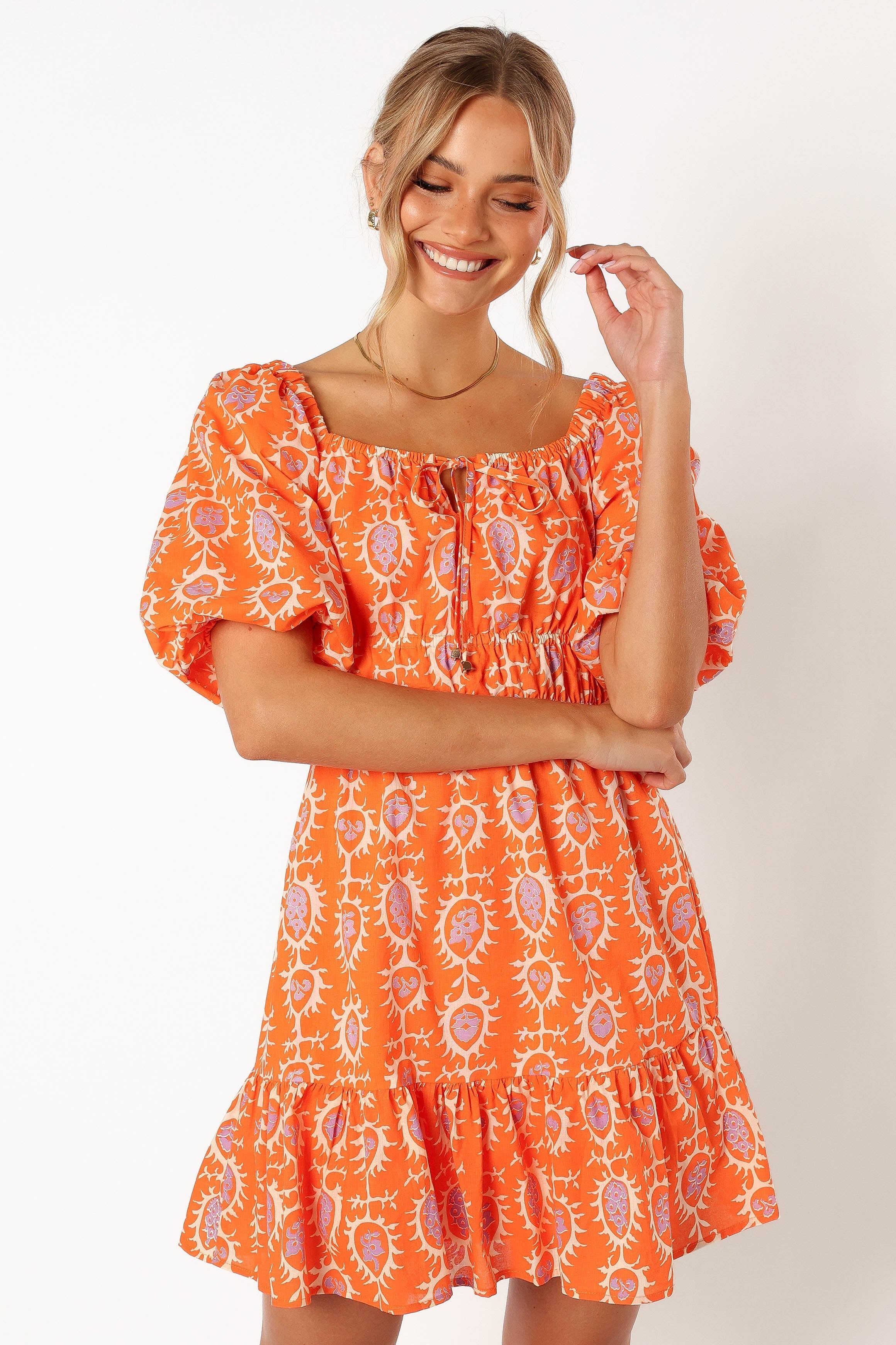 DRESSES @Carmen Off Shoulder Mini Dress - Orange Print