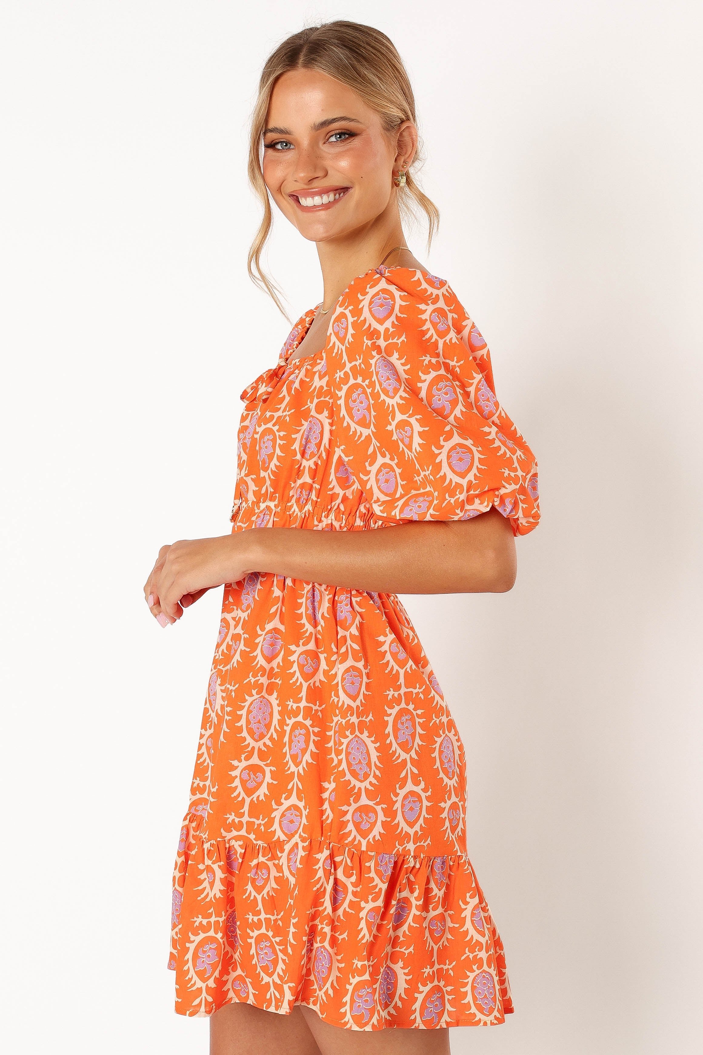 DRESSES @Carmen Off Shoulder Mini Dress - Orange Print