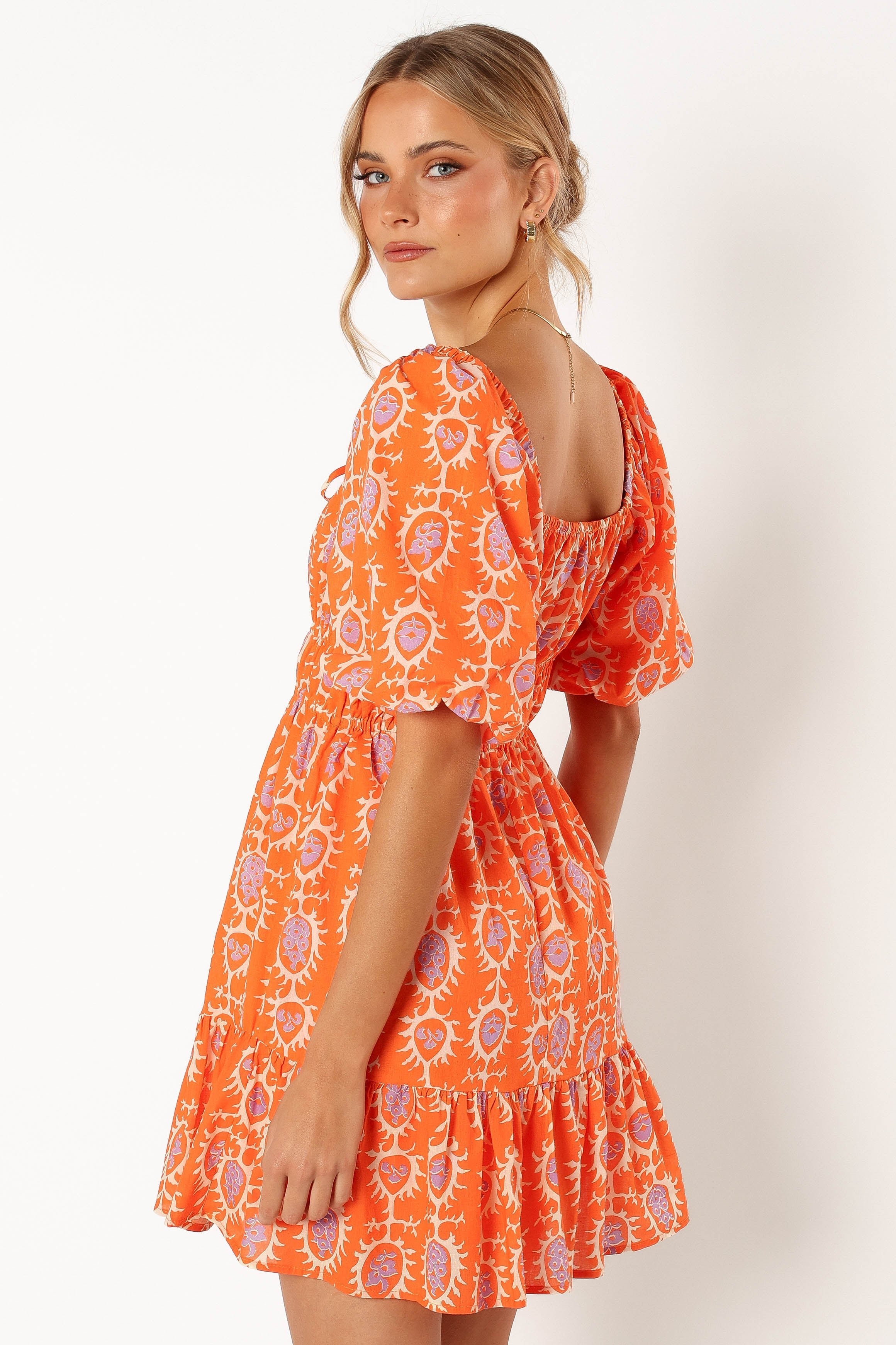 DRESSES @Carmen Off Shoulder Mini Dress - Orange Print