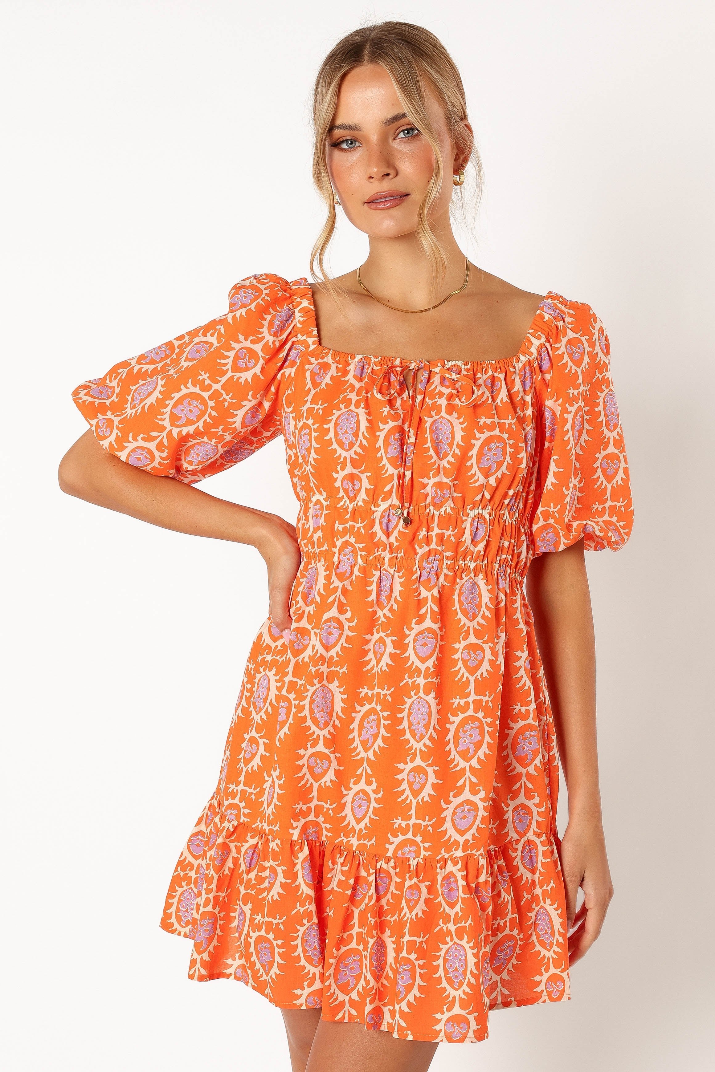 DRESSES @Carmen Off Shoulder Mini Dress - Orange Print
