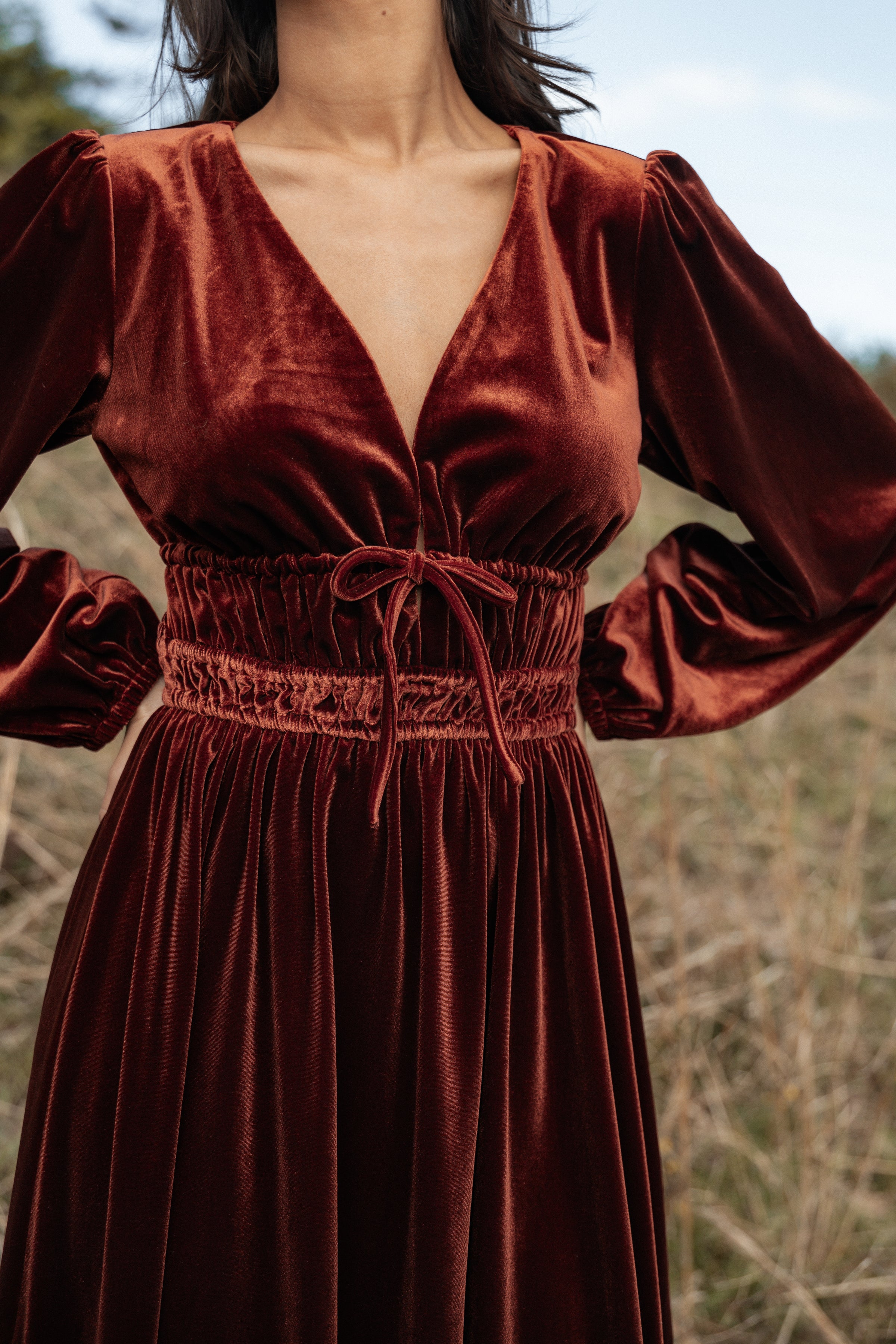 DRESSES Cece Velvet Long Sleeve Maxi Dress - Rust