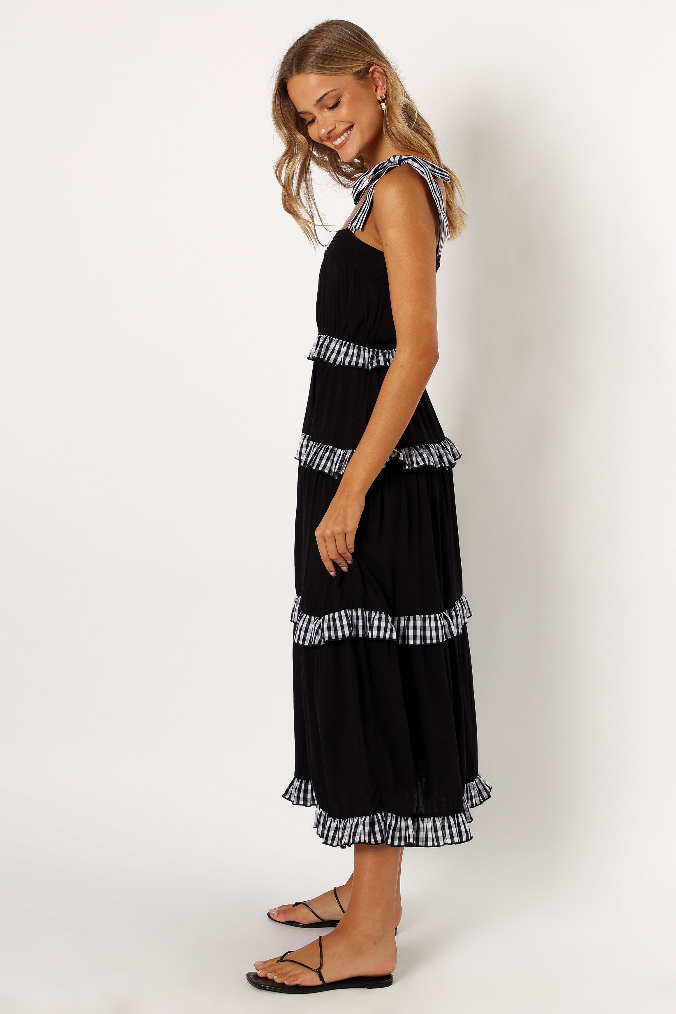 DRESSES @Chanty Tiered Midi Dress - Black Gingham