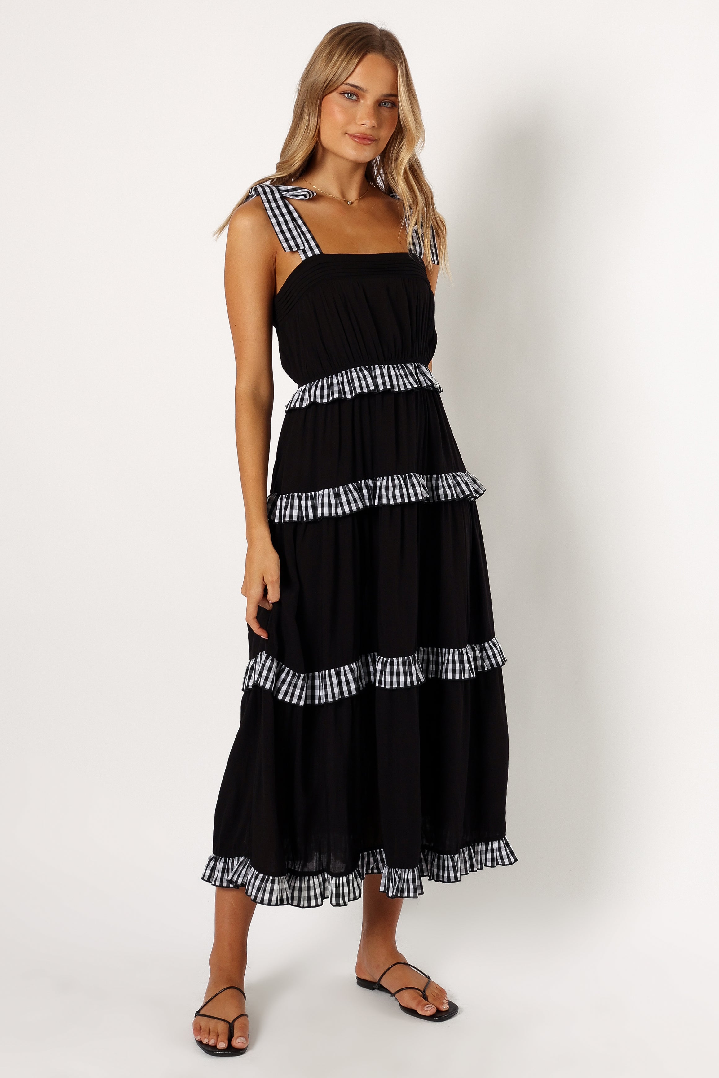 DRESSES @Chanty Tiered Midi Dress - Black Gingham
