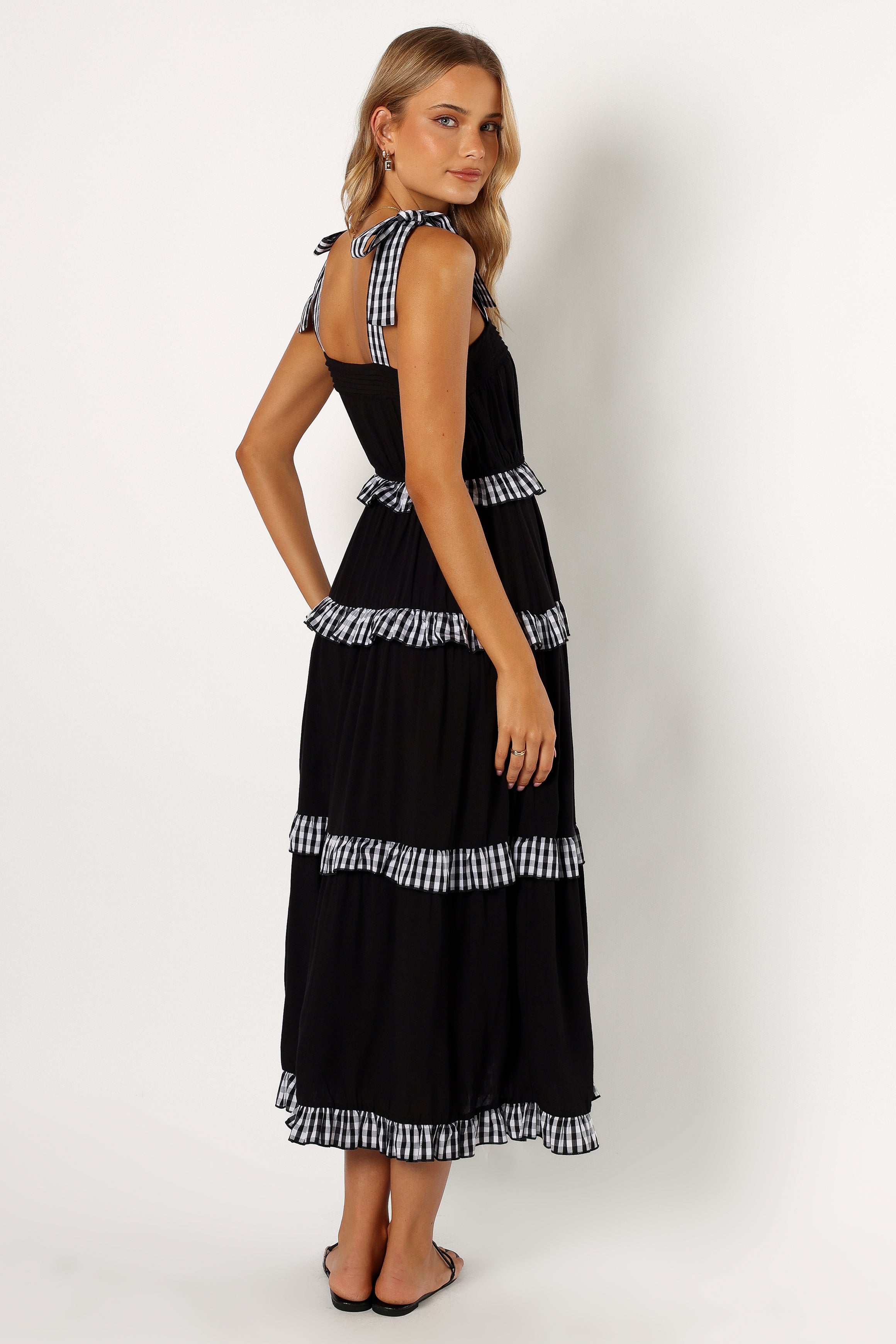DRESSES @Chanty Tiered Midi Dress - Black Gingham
