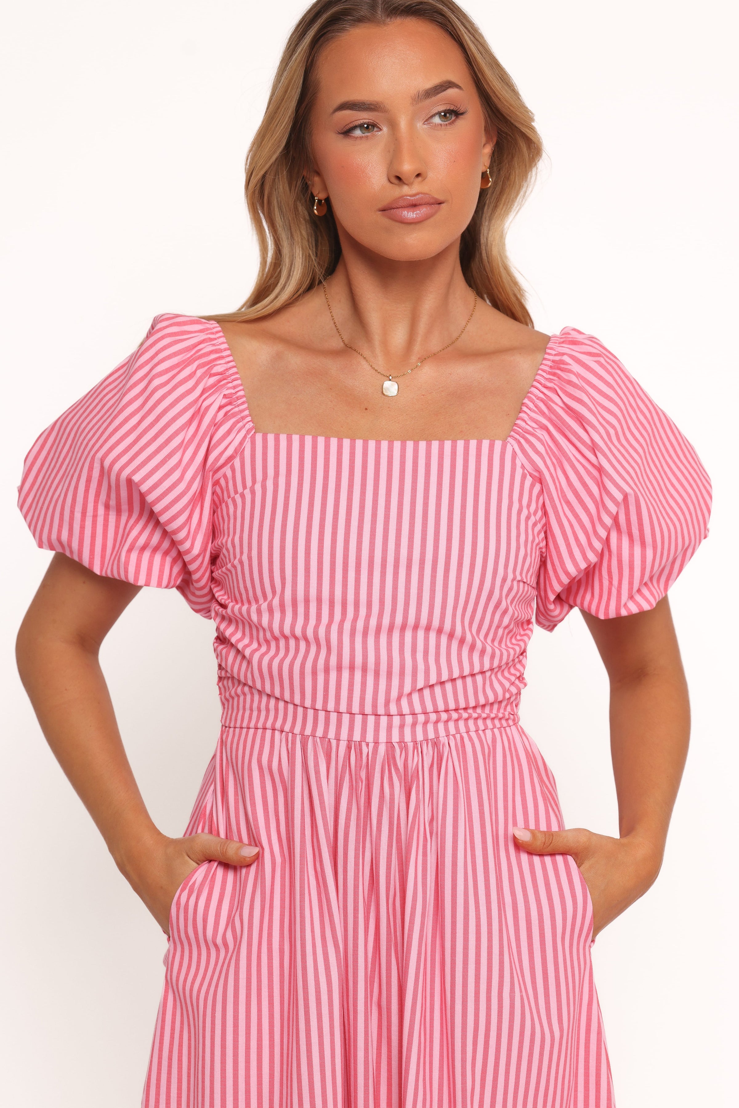 DRESSES Chlo Puff Sleeve Midi Dress - Red Stripe